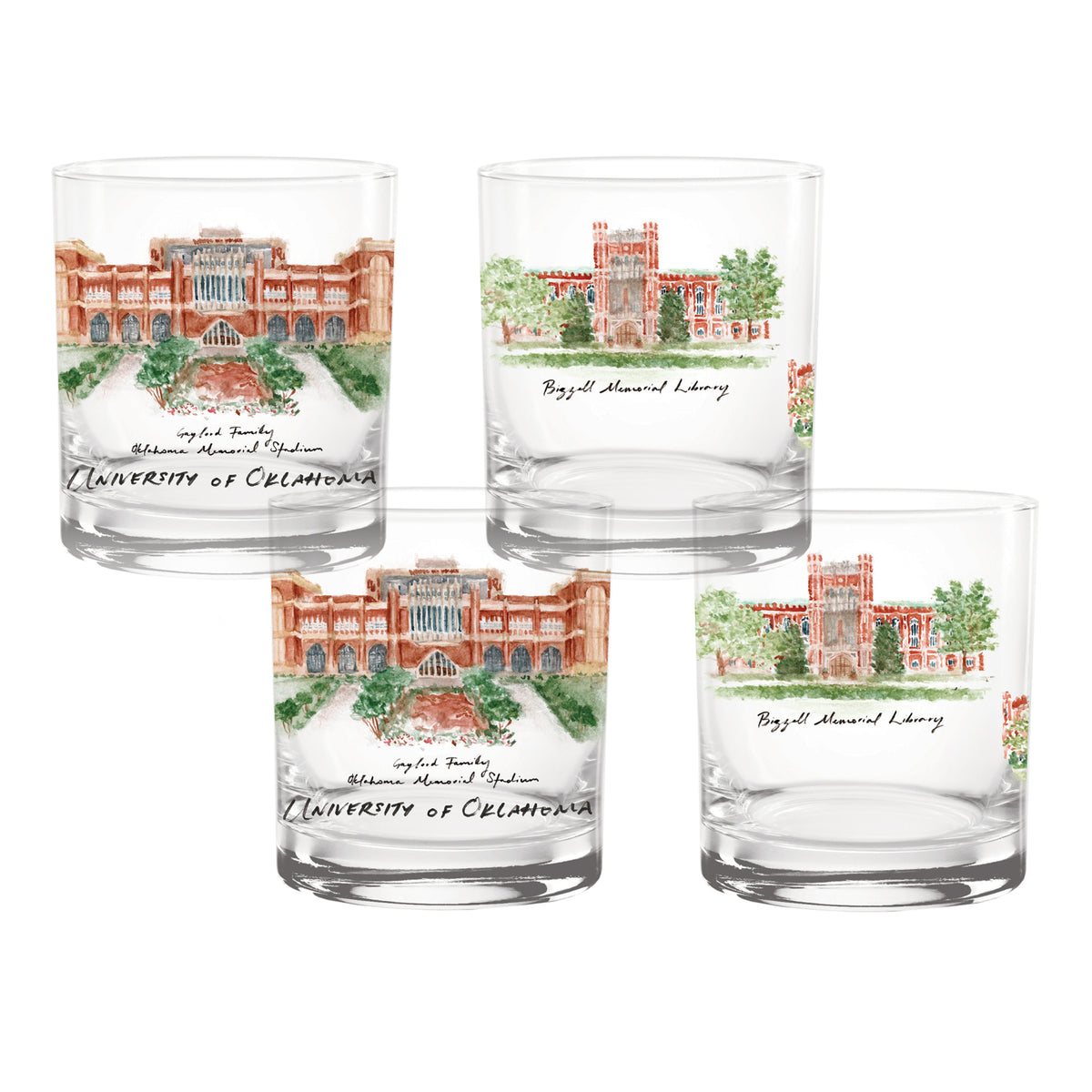 Set of 4 Oklahoma Sooners Laura Wilcox University Collection 14oz Rocks Glasses