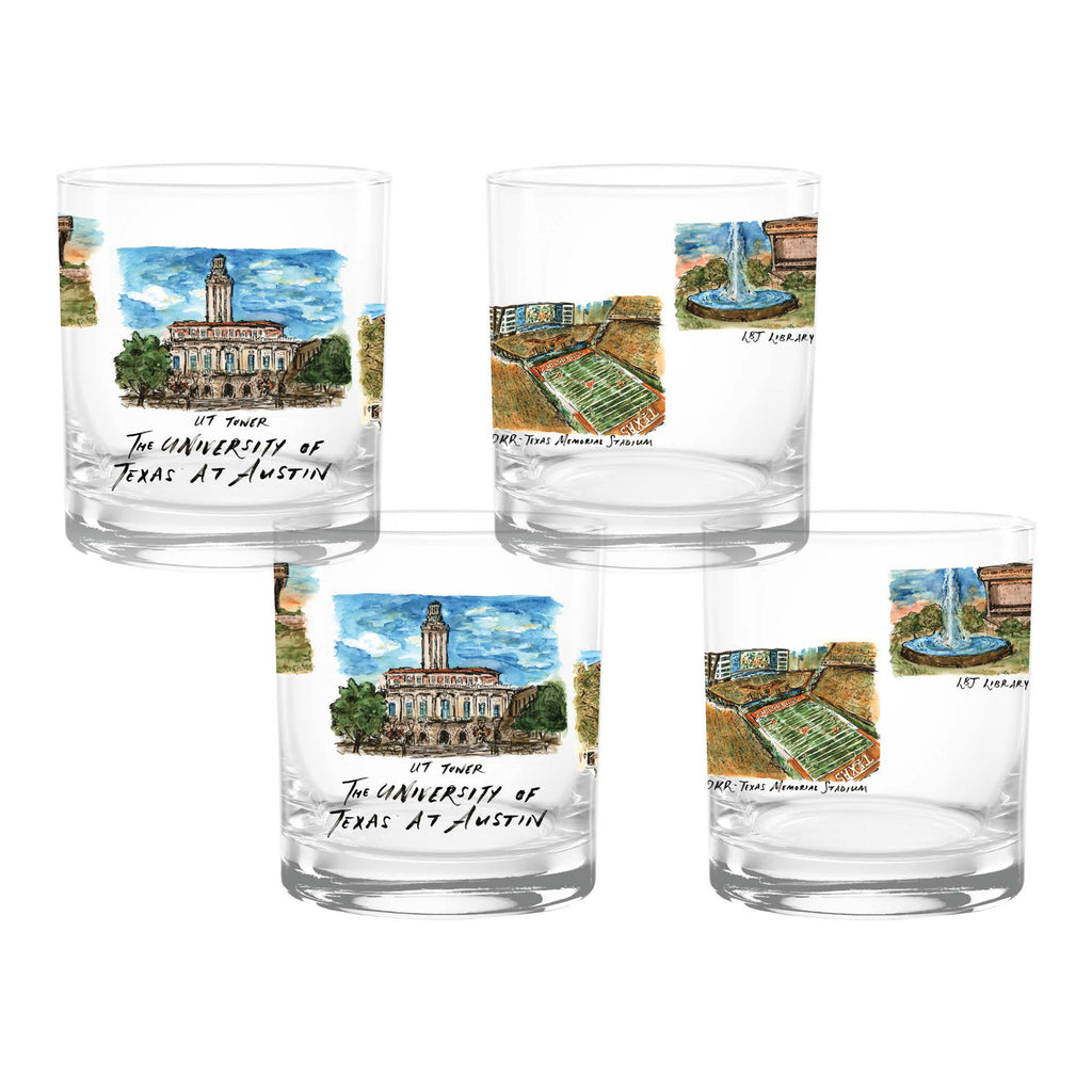 Set of 4 Texas Longhorns Laura Wilcox University Collection 14oz Rocks Glasses