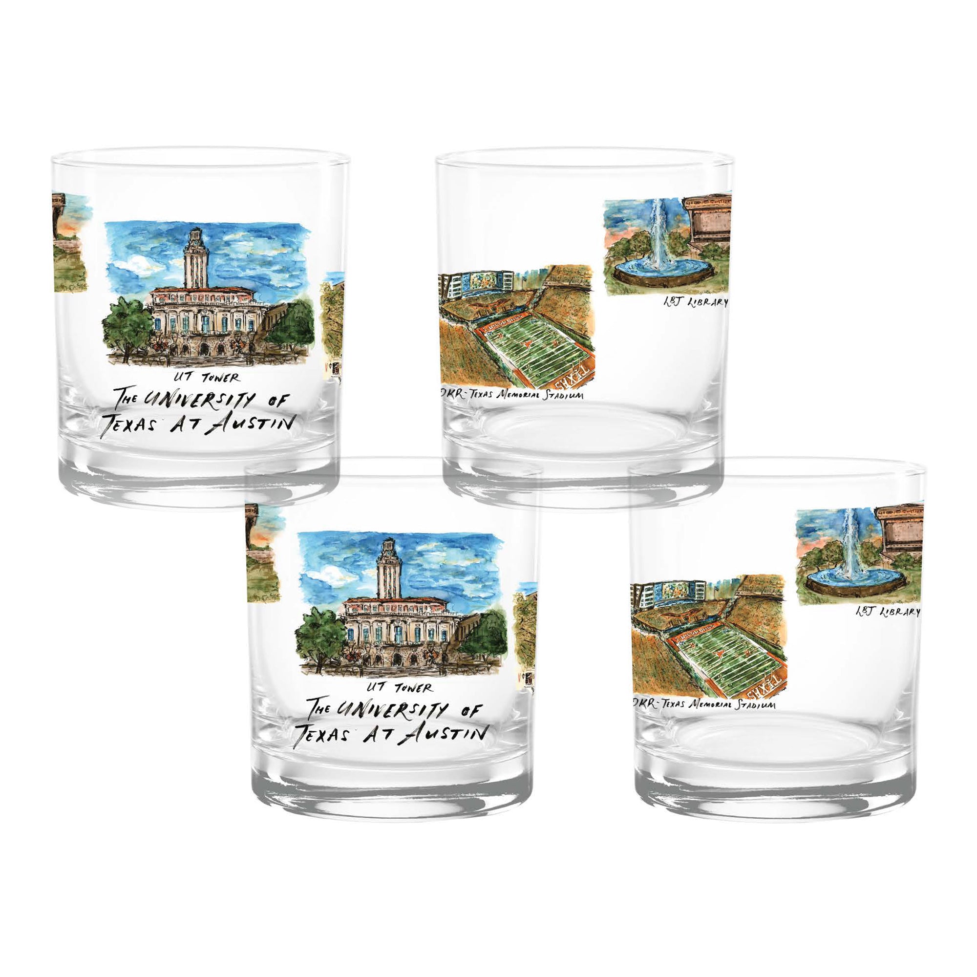 Set of 4 Texas Longhorns Laura Wilcox University Collection 14oz Rocks Glasses