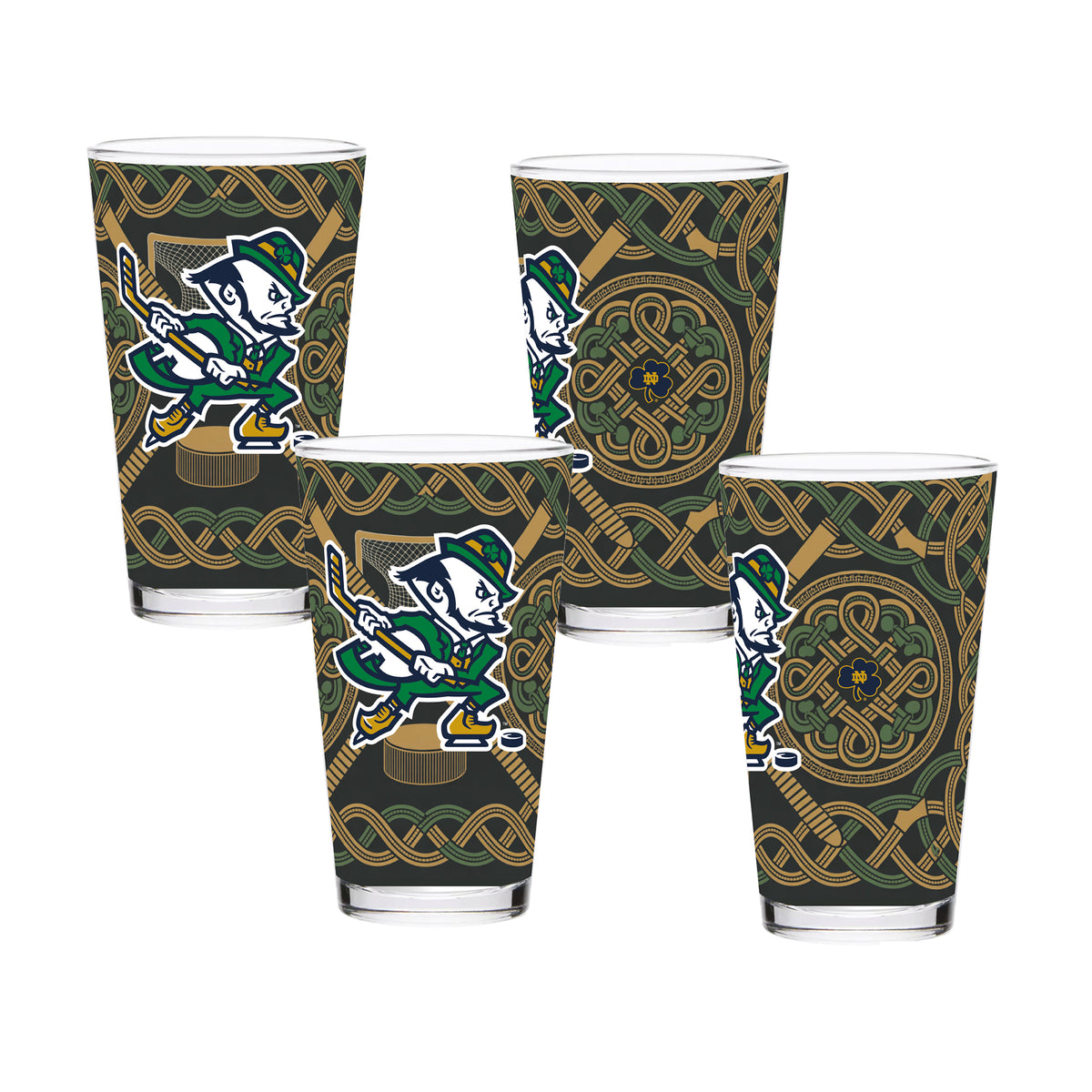 Set of 4 Notre Dame Fighting Irish Celtic Hockey Leprechaun 16oz Pints
