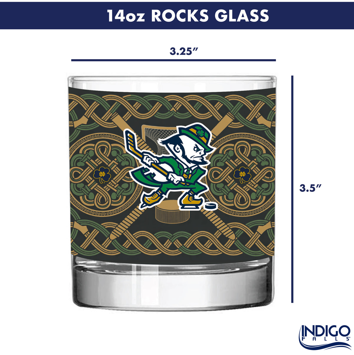 Set of 4 Notre Dame Fighting Irish Celtic Hockey Leprechaun 14oz Rocks Glasses
