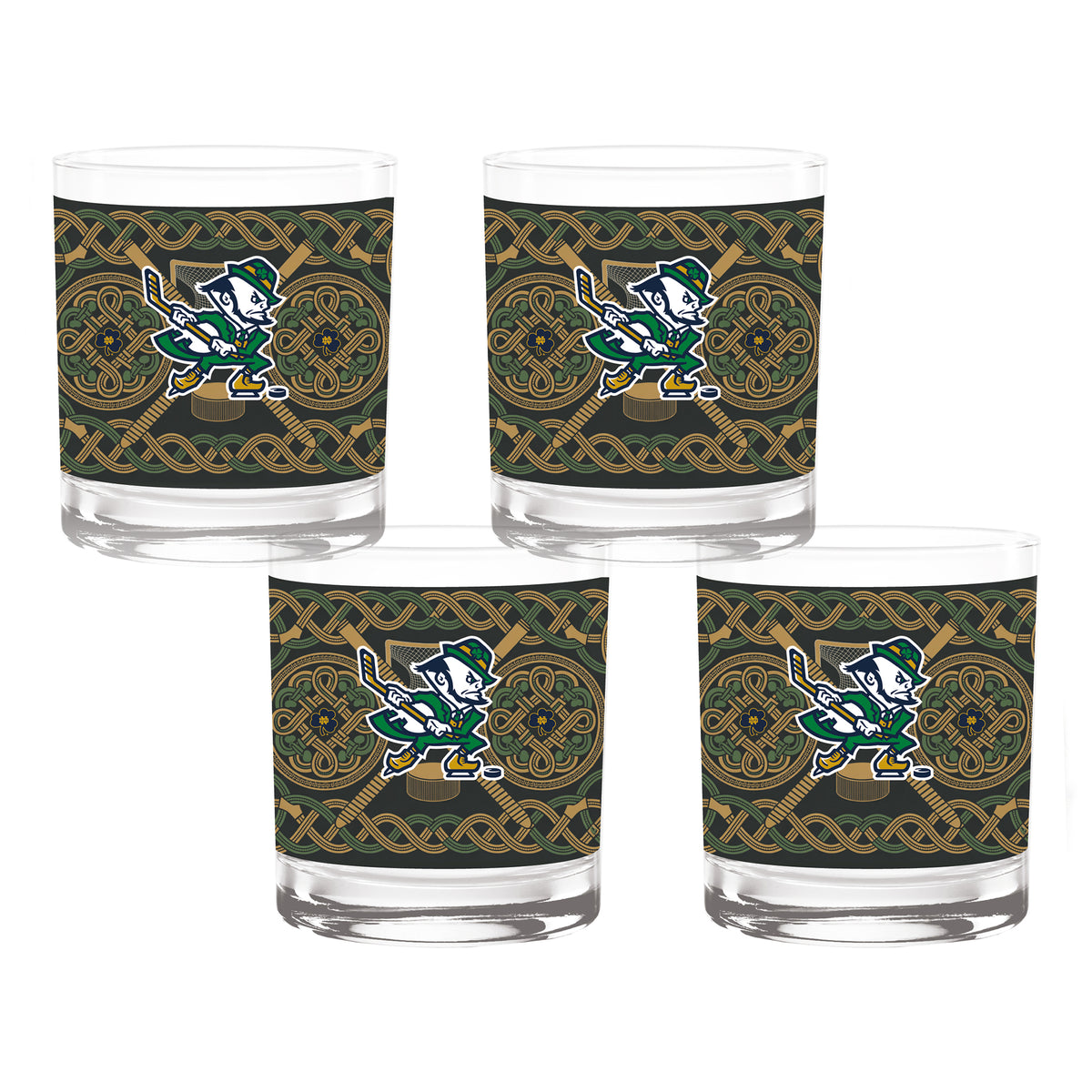 Set of 4 Notre Dame Fighting Irish Celtic Hockey Leprechaun 14oz Rocks Glasses