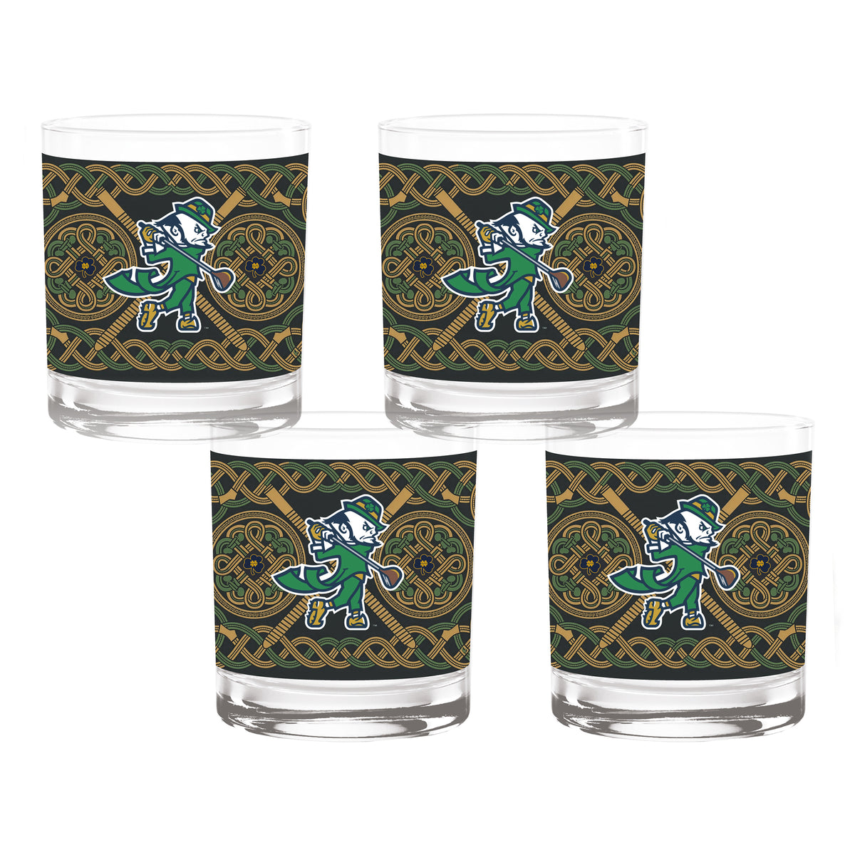 Set of 4 Notre Dame Fighting Irish Celtic Golf Leprechaun 14oz Rocks Glasses