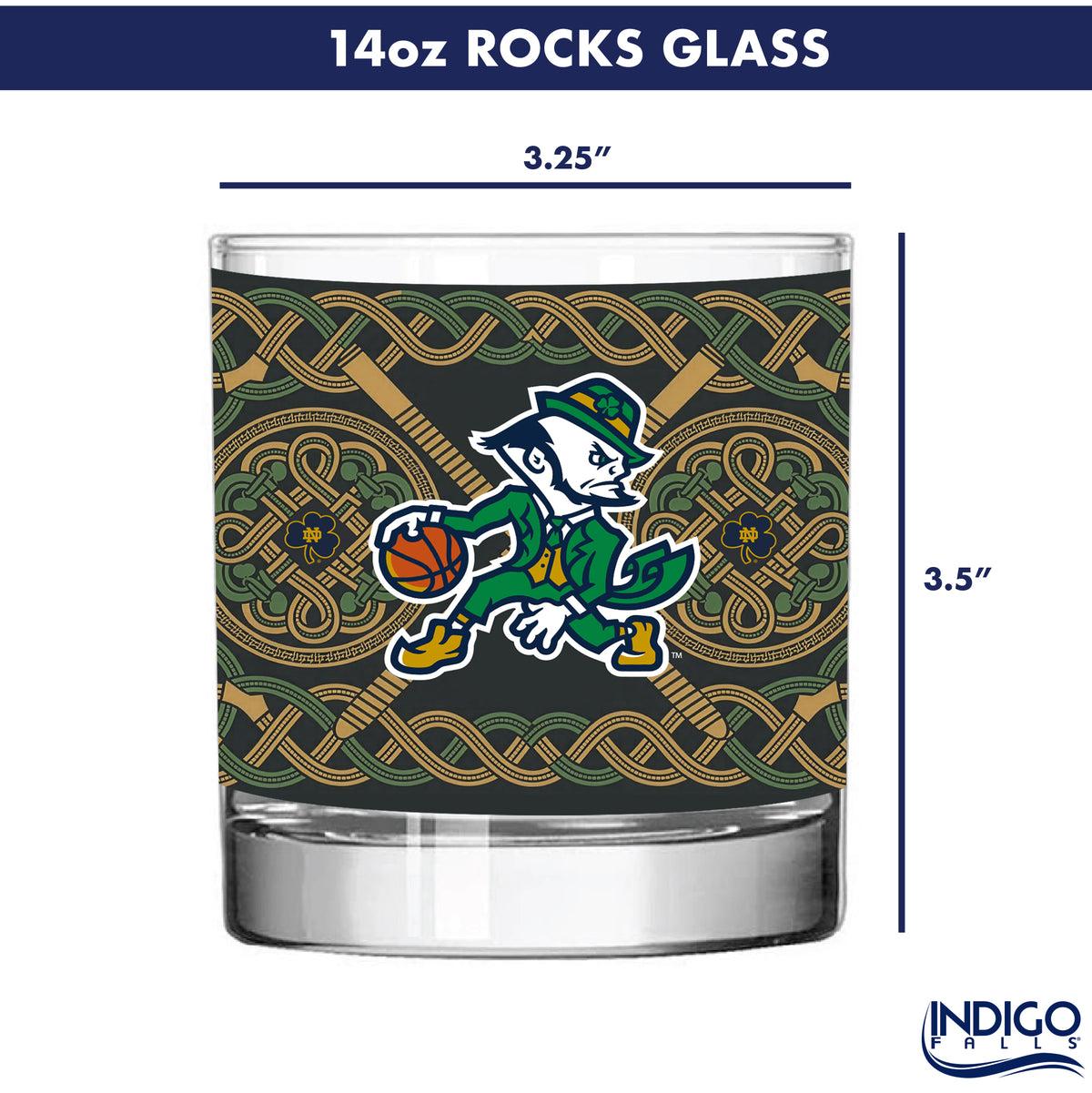 Set of 4 Notre Dame Fighting Irish Celtic Basketball Leprechaun 14oz Rocks Glasses