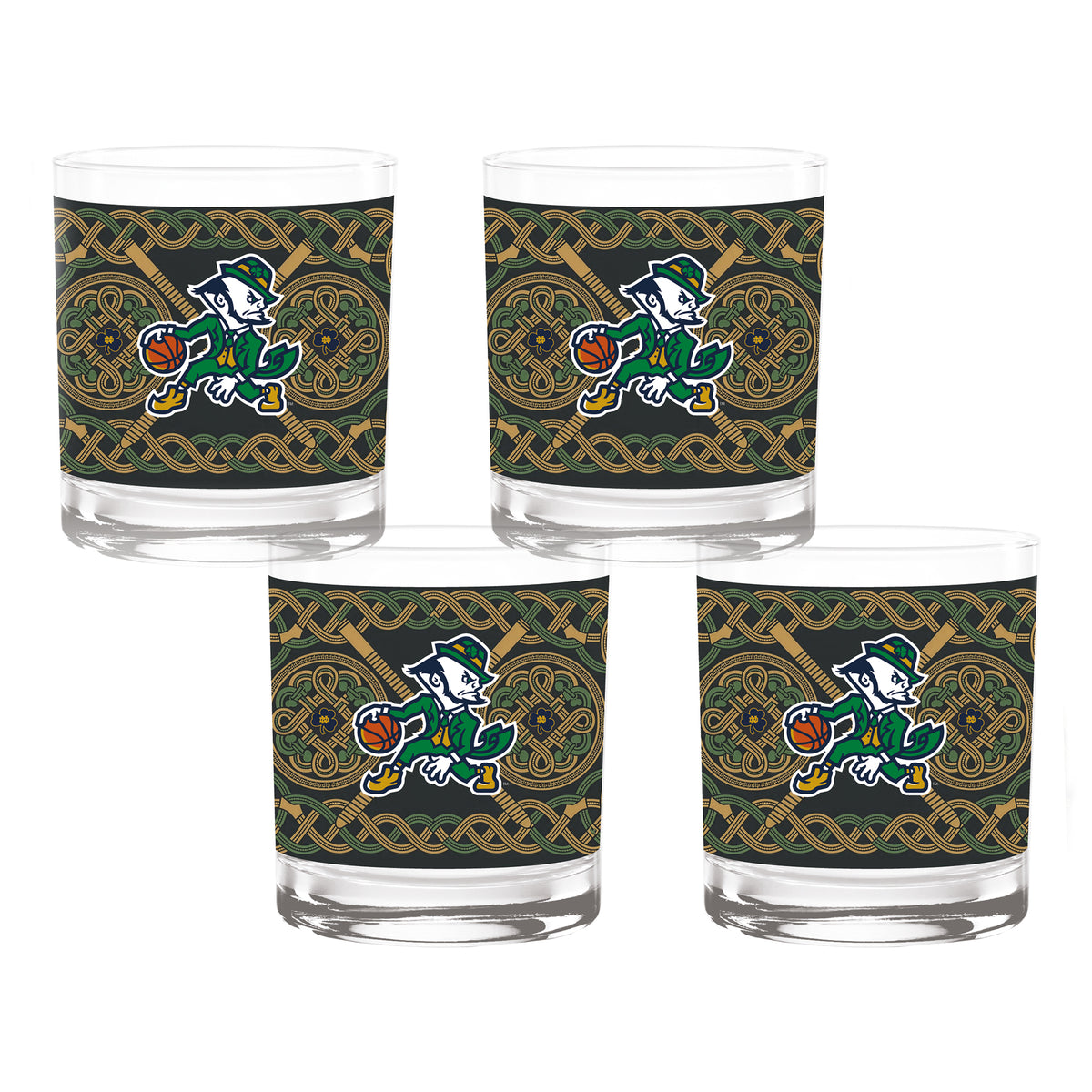 Set of 4 Notre Dame Fighting Irish Celtic Basketball Leprechaun 14oz Rocks Glasses