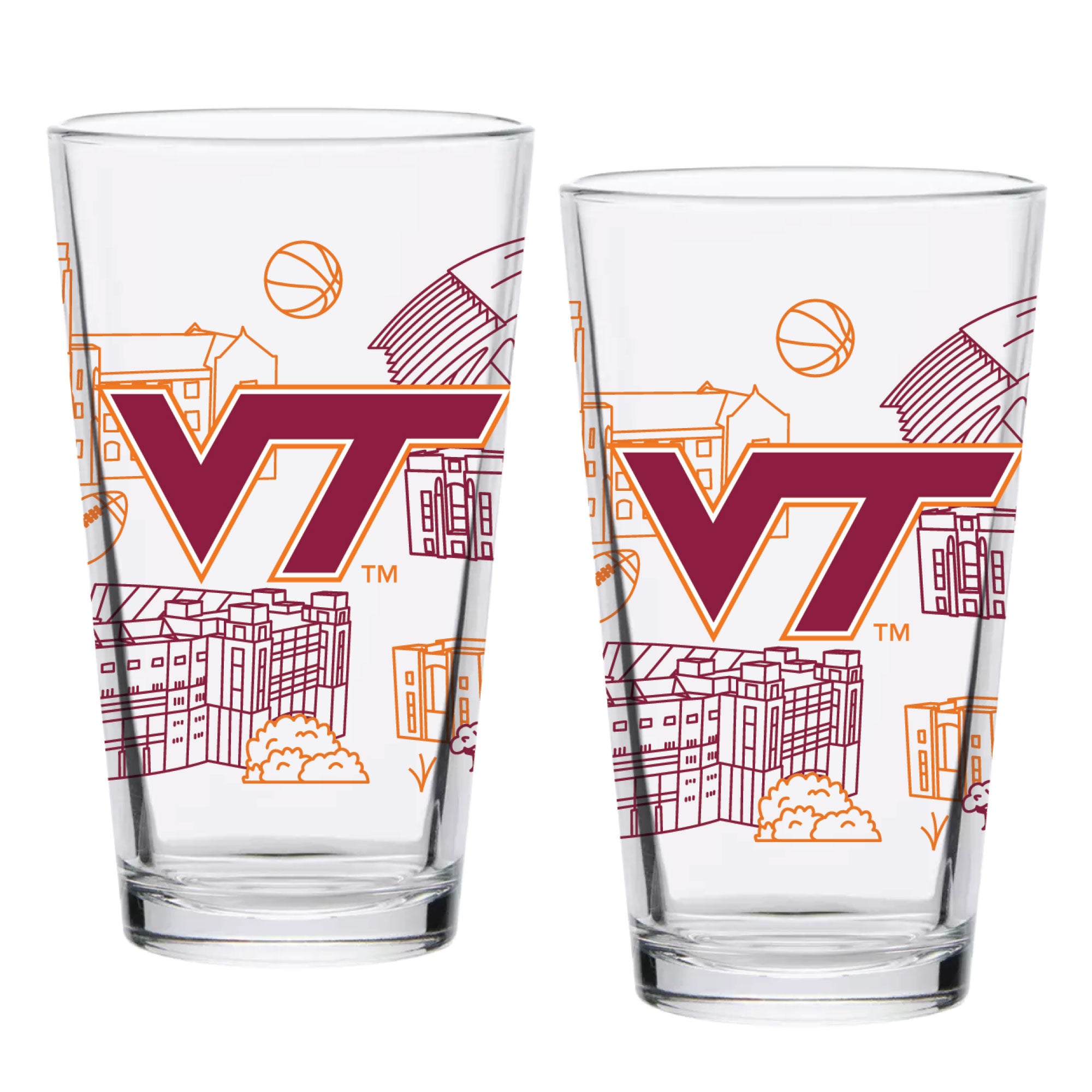 Set of 2 Virginia Tech Hokies Campus Line Art 16oz Pints