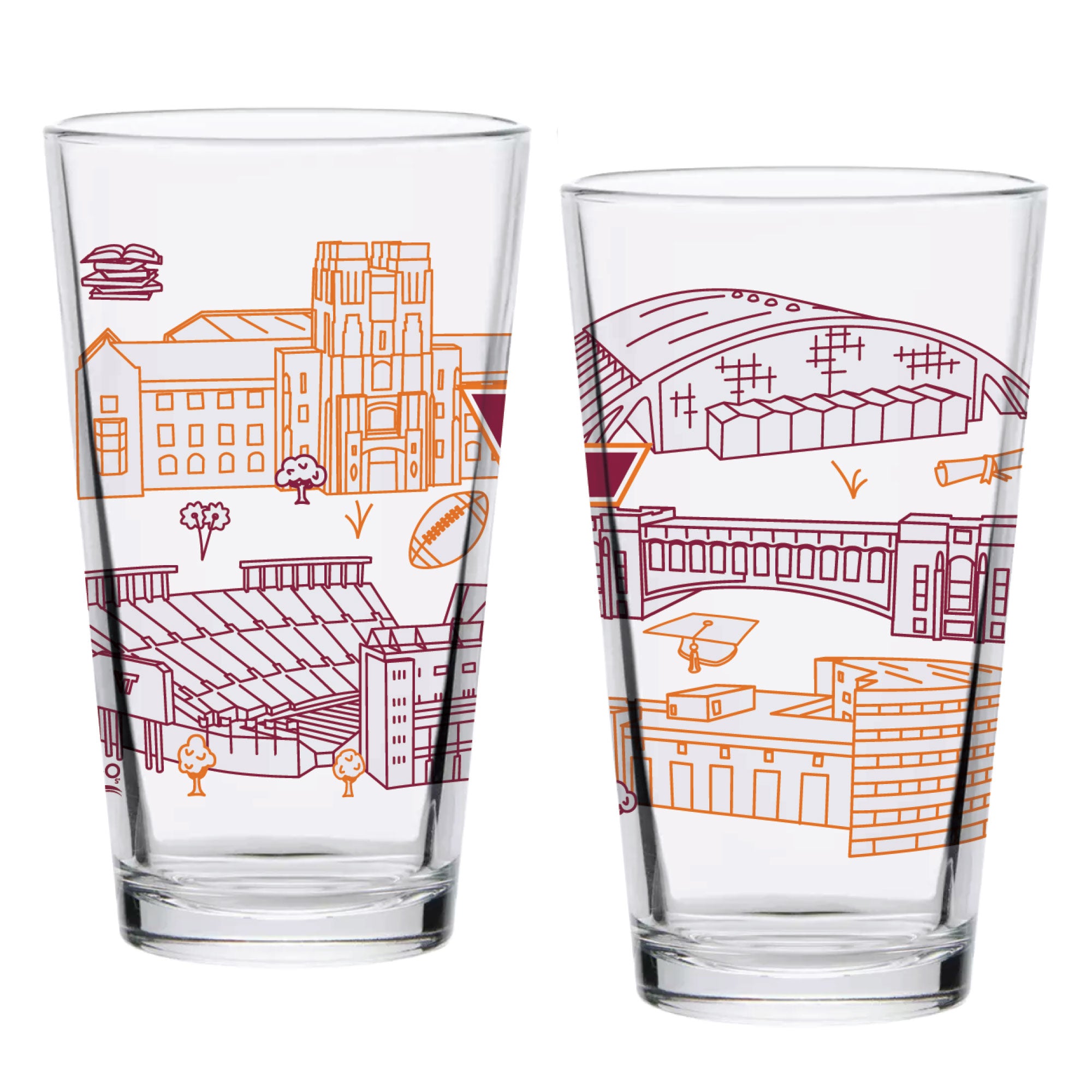 Set of 2 Virginia Tech Hokies Campus Line Art 16oz Pints