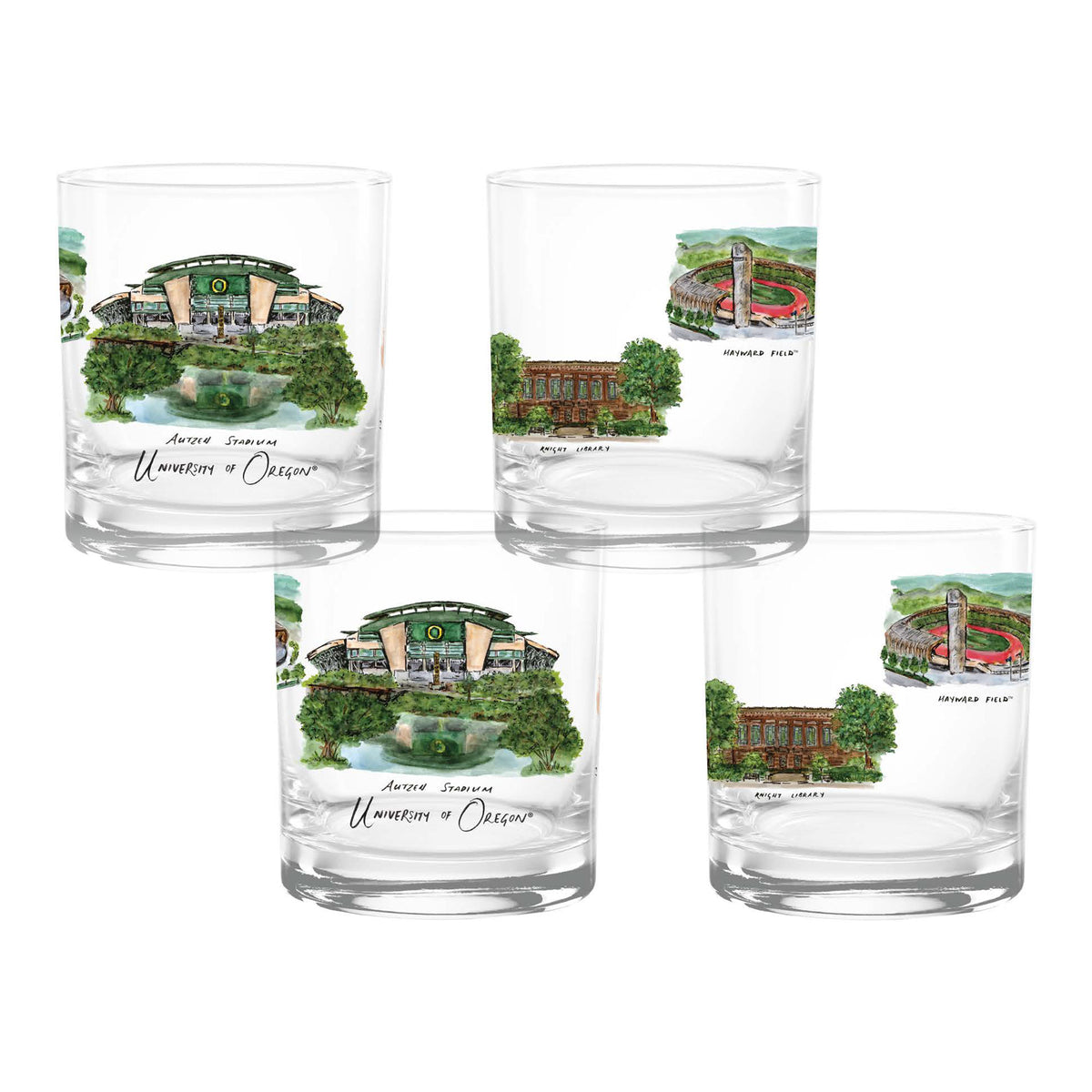 Set of 4 Oregon Ducks Laura Wilcox University Collection 14oz Rocks Glasses