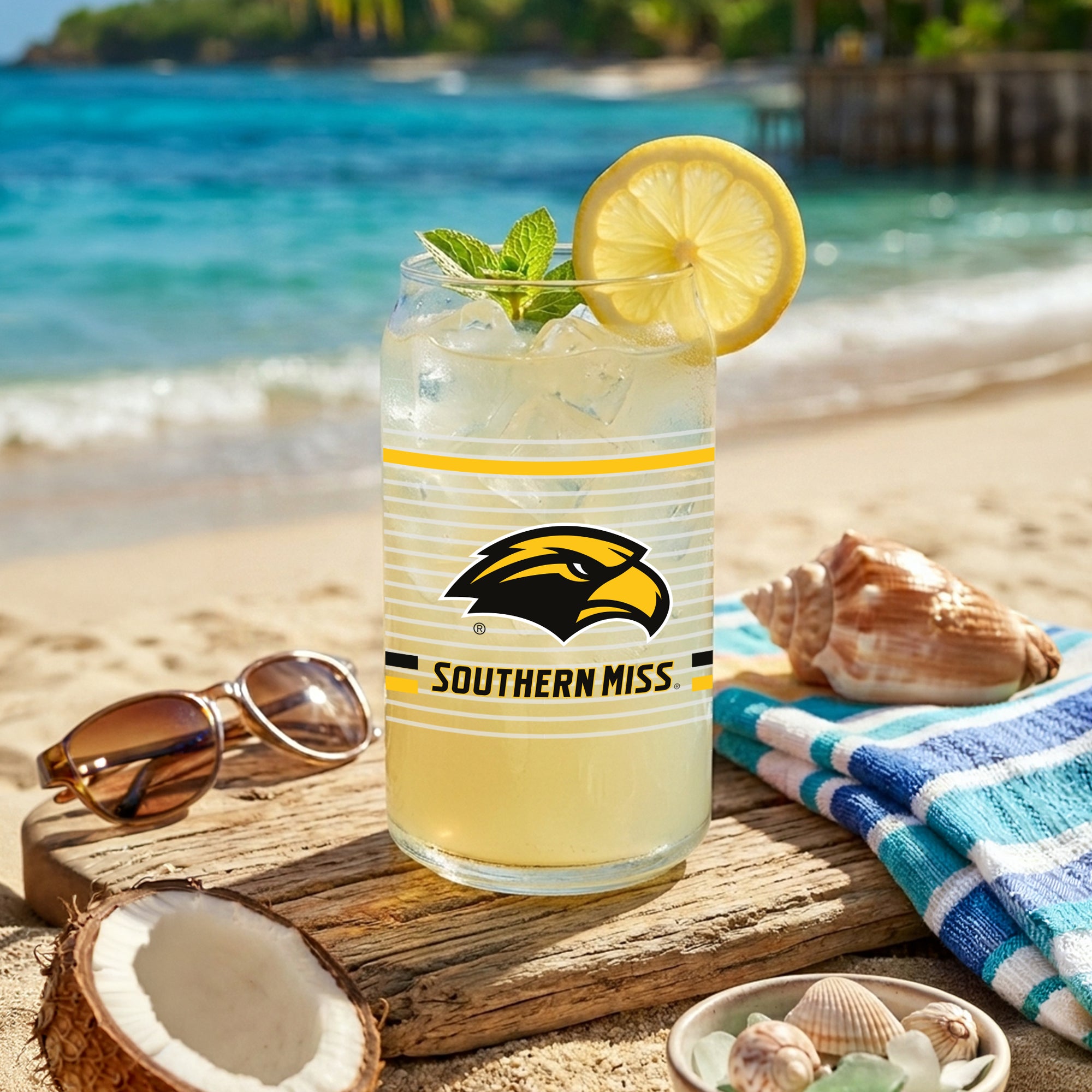 Set of 2 Southern Miss Golden Eagles 16oz XD Ring Can Glasses
