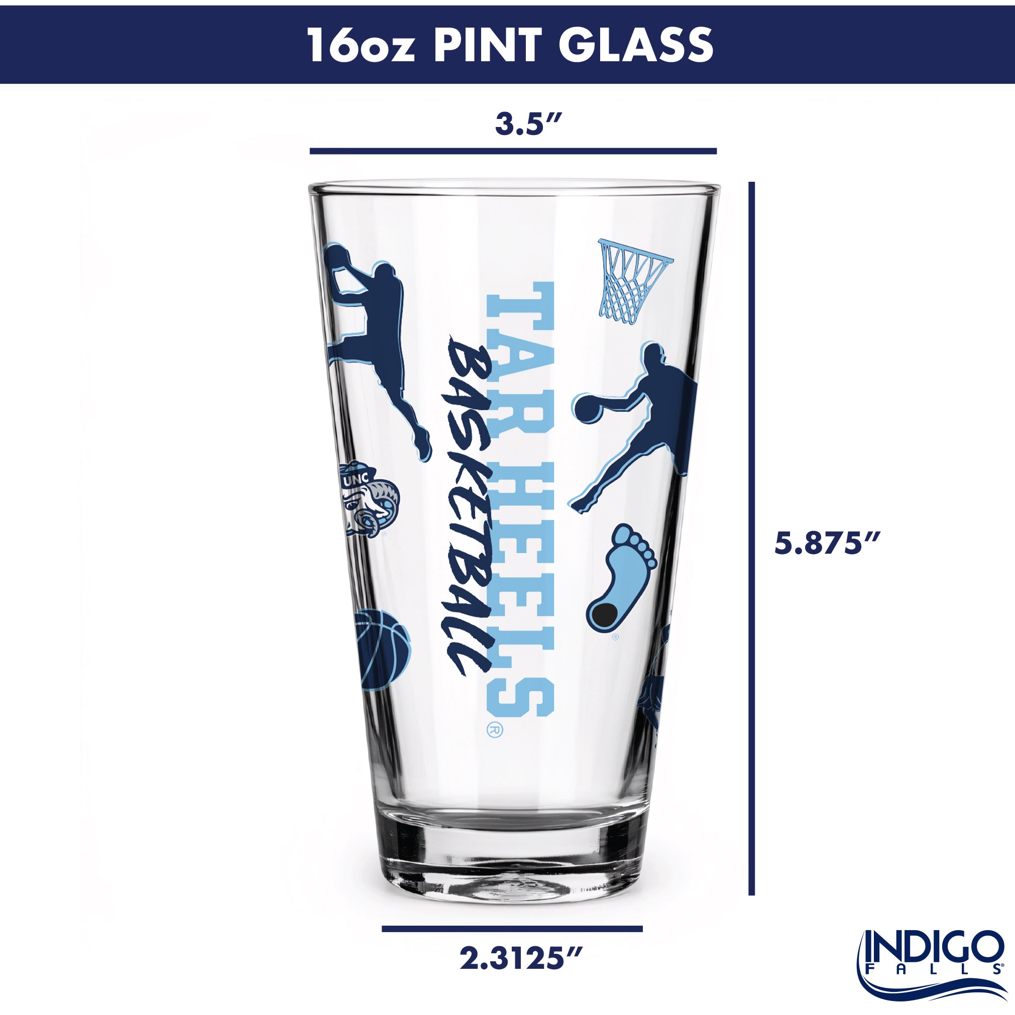 Set of 2 North Carolina Tar Heels Basketball Sketch 16oz Pints