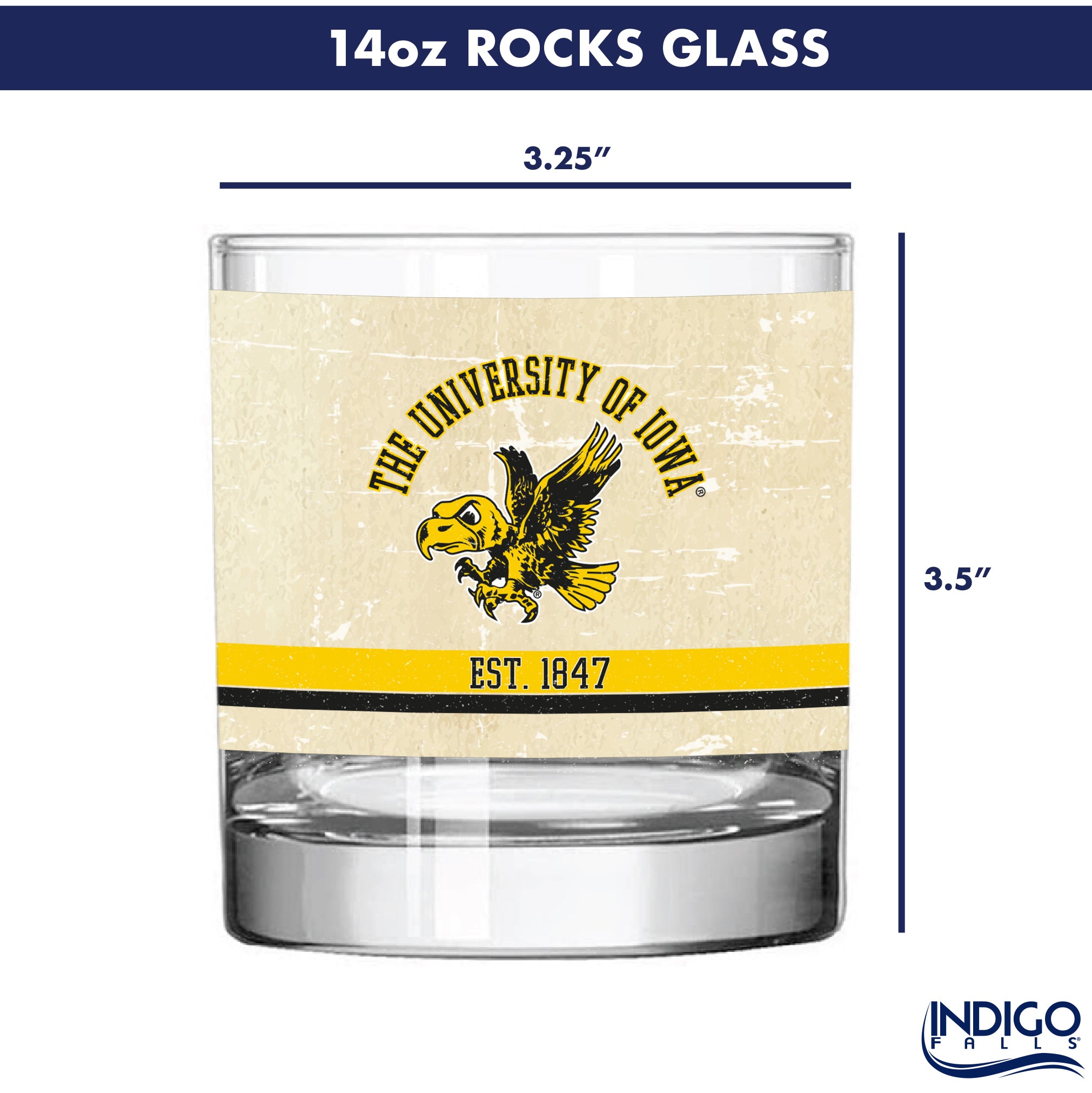 Iowa Hawkeyes Set of 2 College Vault Tan Retro 14oz Rocks Glasses