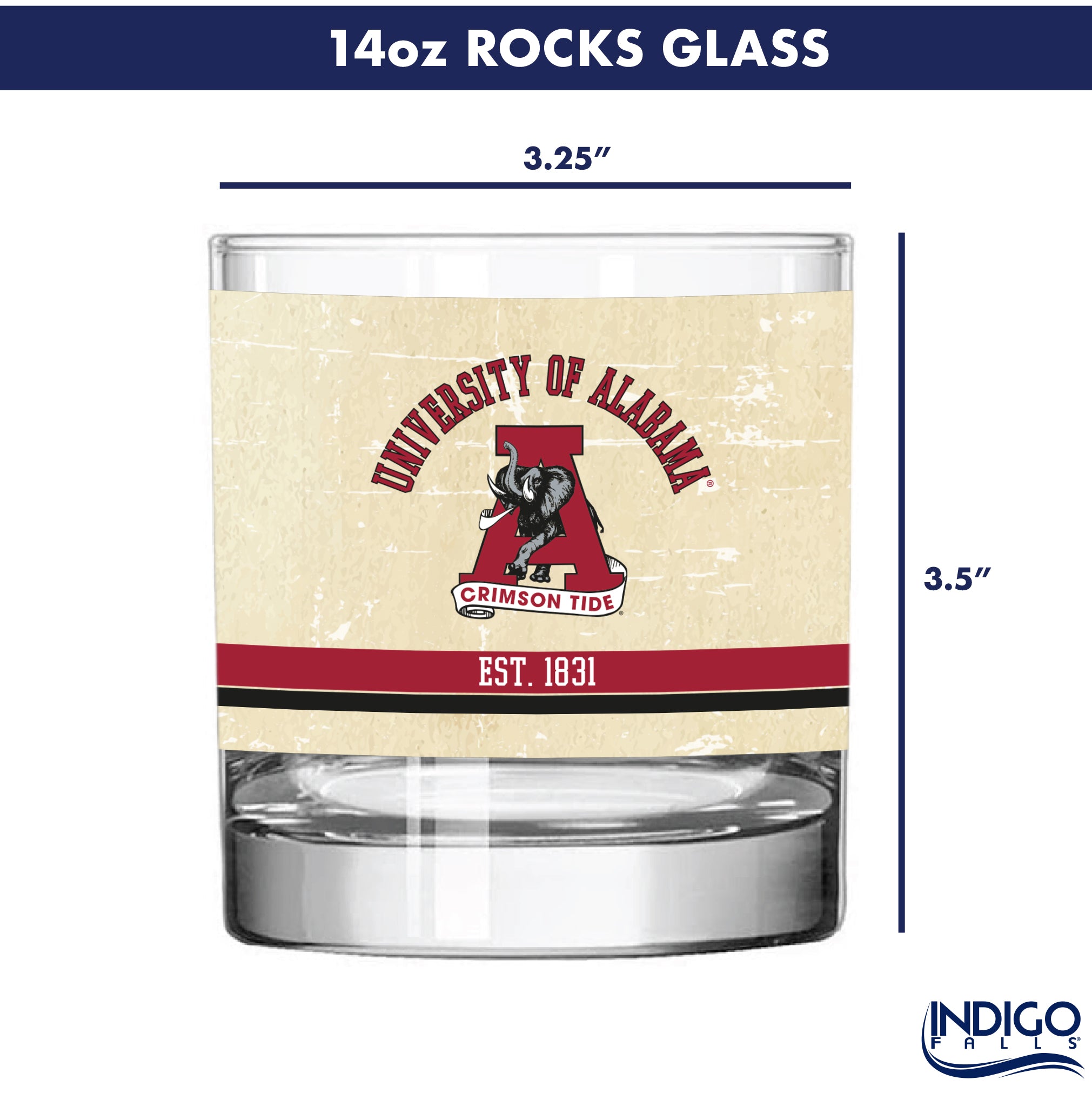 Alabama Crimson Tide Set of 2 College Vault Tan Retro 14oz Rocks Glasses
