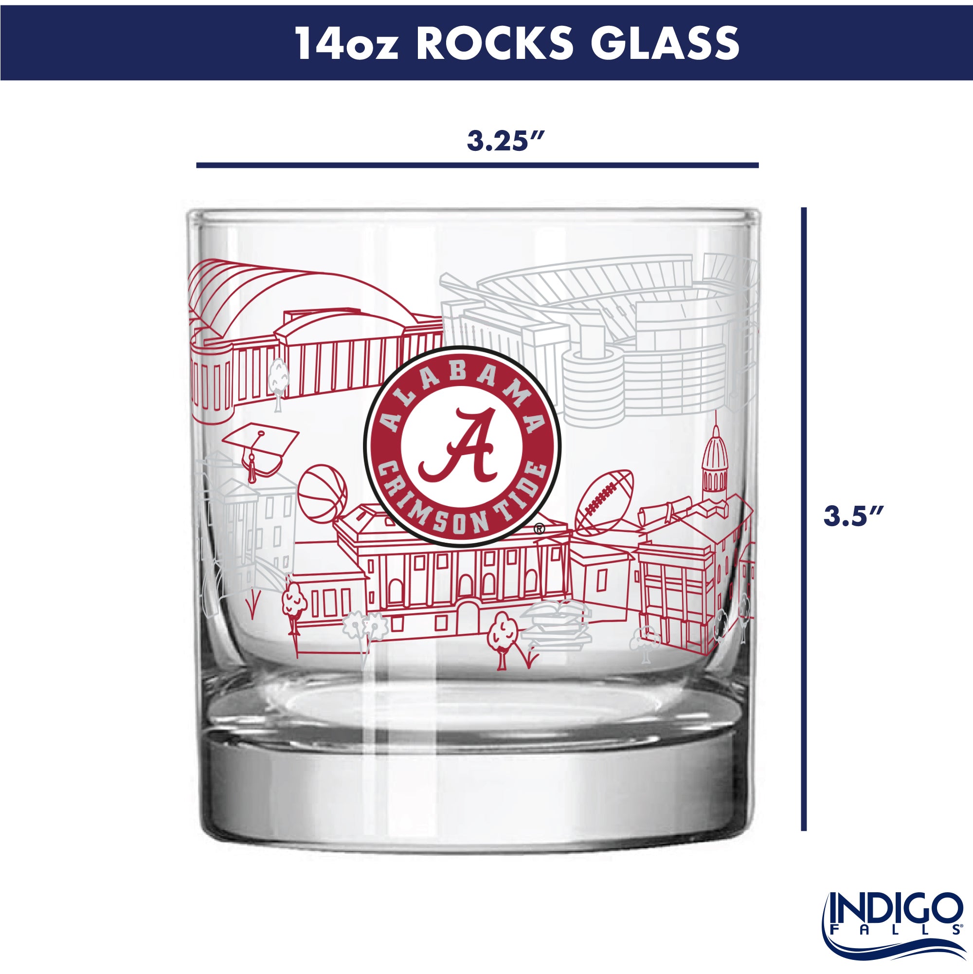 Set of 4 Alabama Crimson Tide Campus Line Art 14oz Rocks Glasses