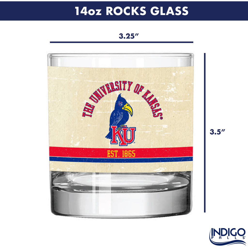 Kansas Jayhawks Set of 2 College Vault Tan Retro 14oz Rocks Glasses