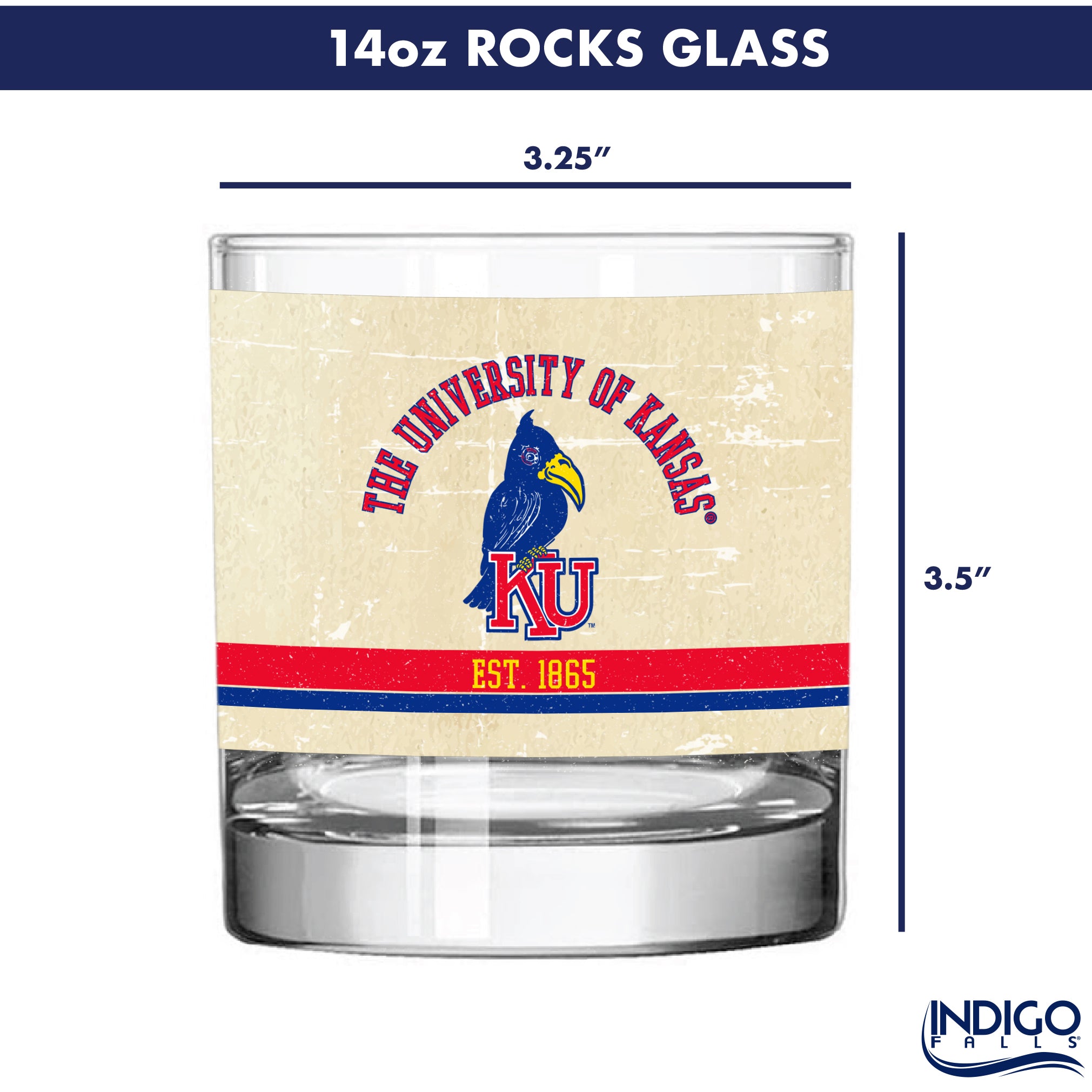 Kansas Jayhawks Set of 2 College Vault Tan Retro 14oz Rocks Glasses