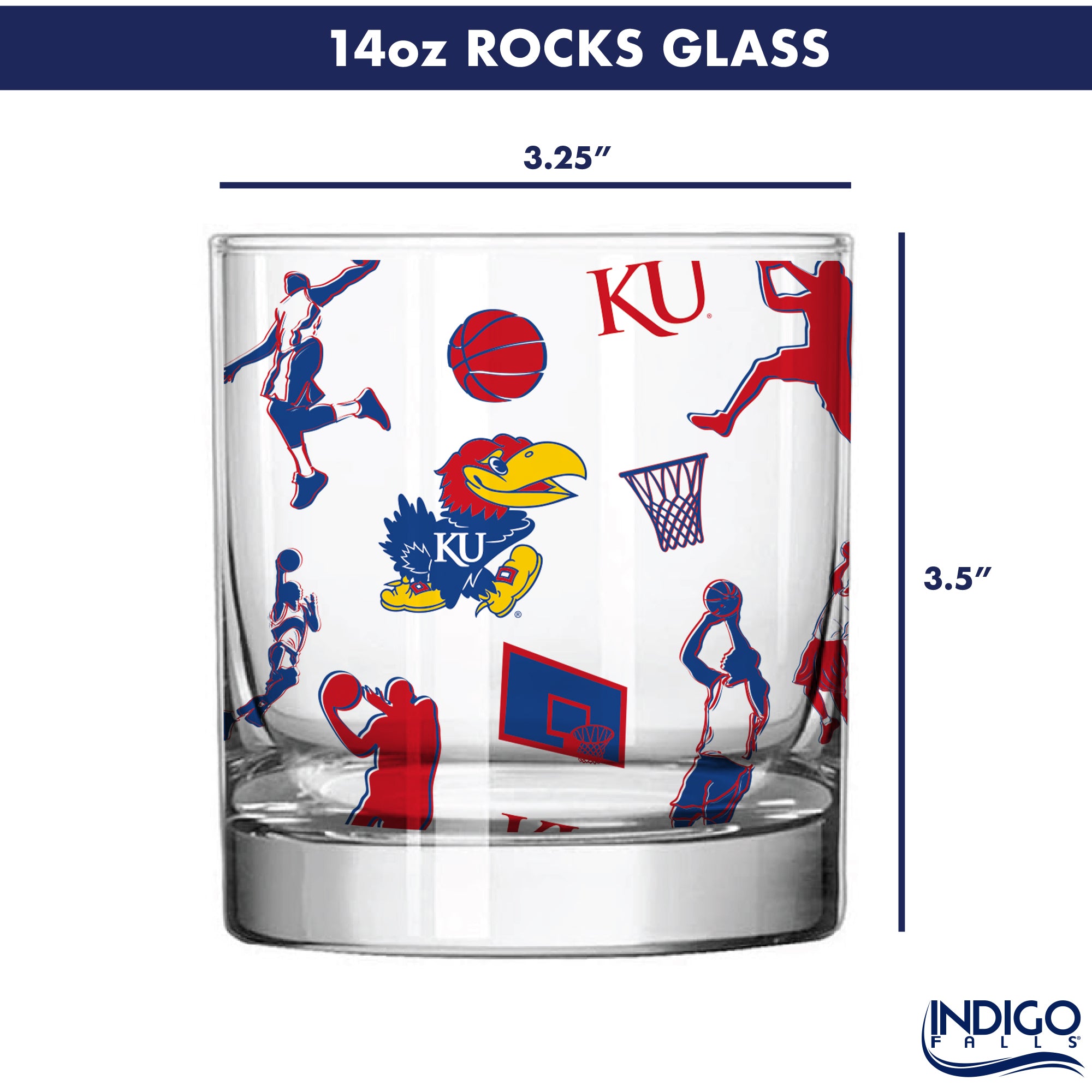 Set of 2 Kansas Jayhawks Basketball Sketch 14oz Rocks Glasses