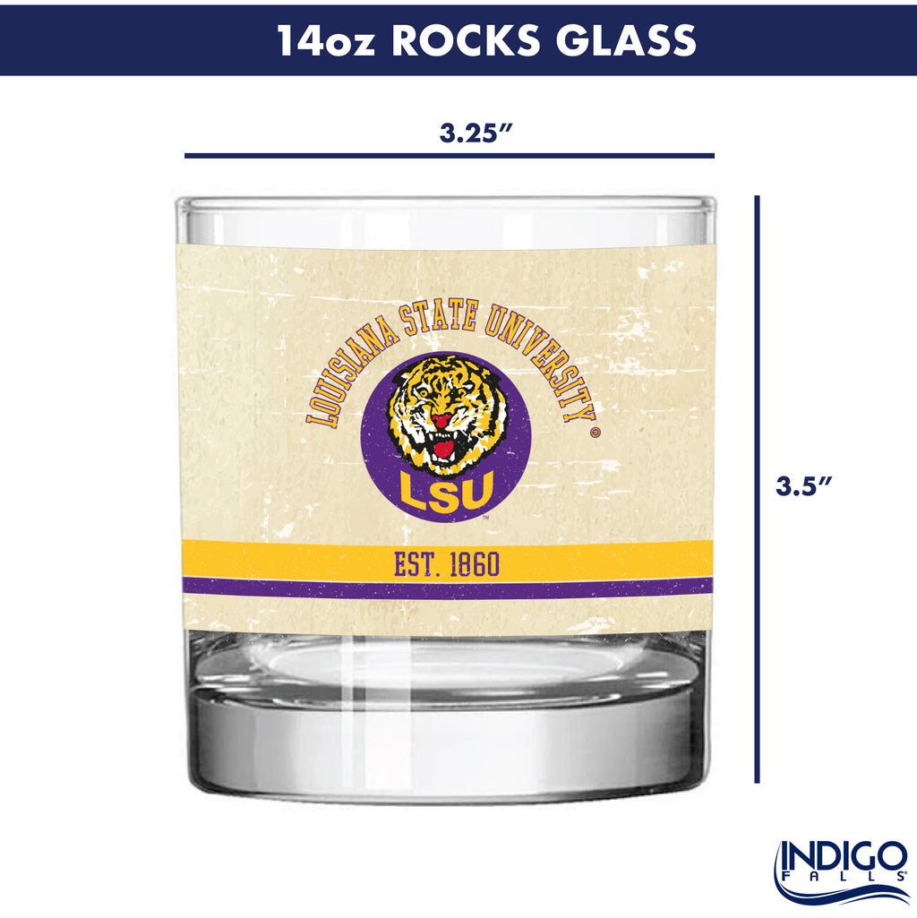 LSU Set of 2 College Vault Tan Retro 14oz Rocks Glasses