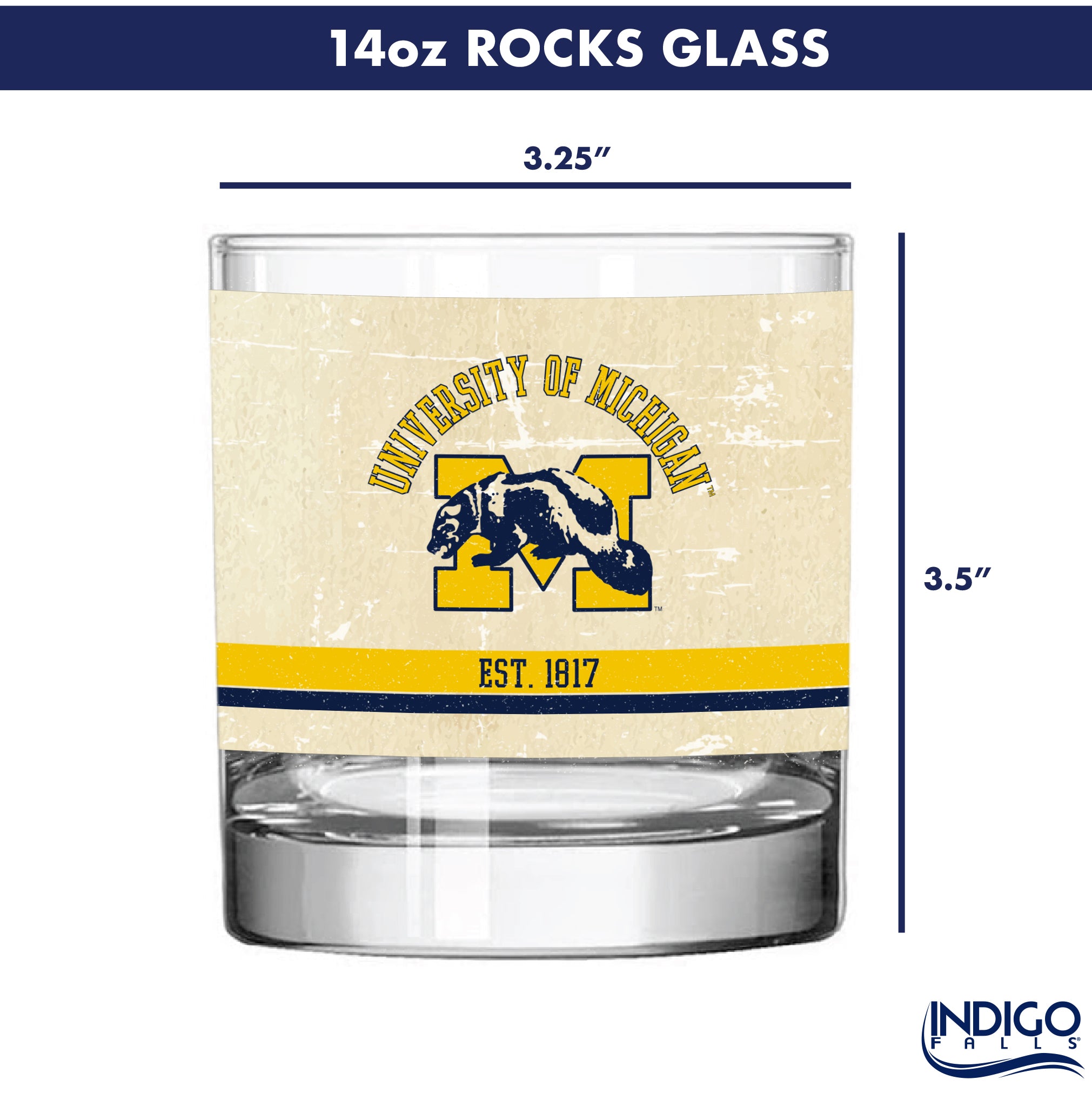 Michigan Wolverines Set of 2 College Vault Tan Retro 14oz Rocks Glasses