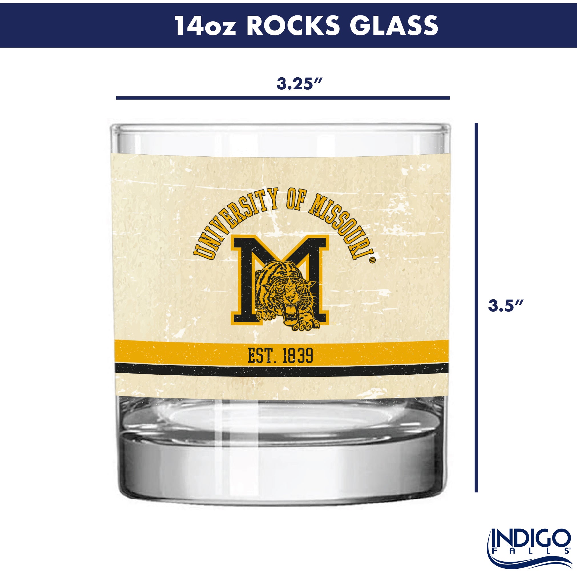 Missouri Tigers Set of 2 College Vault Tan Retro 14oz Rocks Glasses