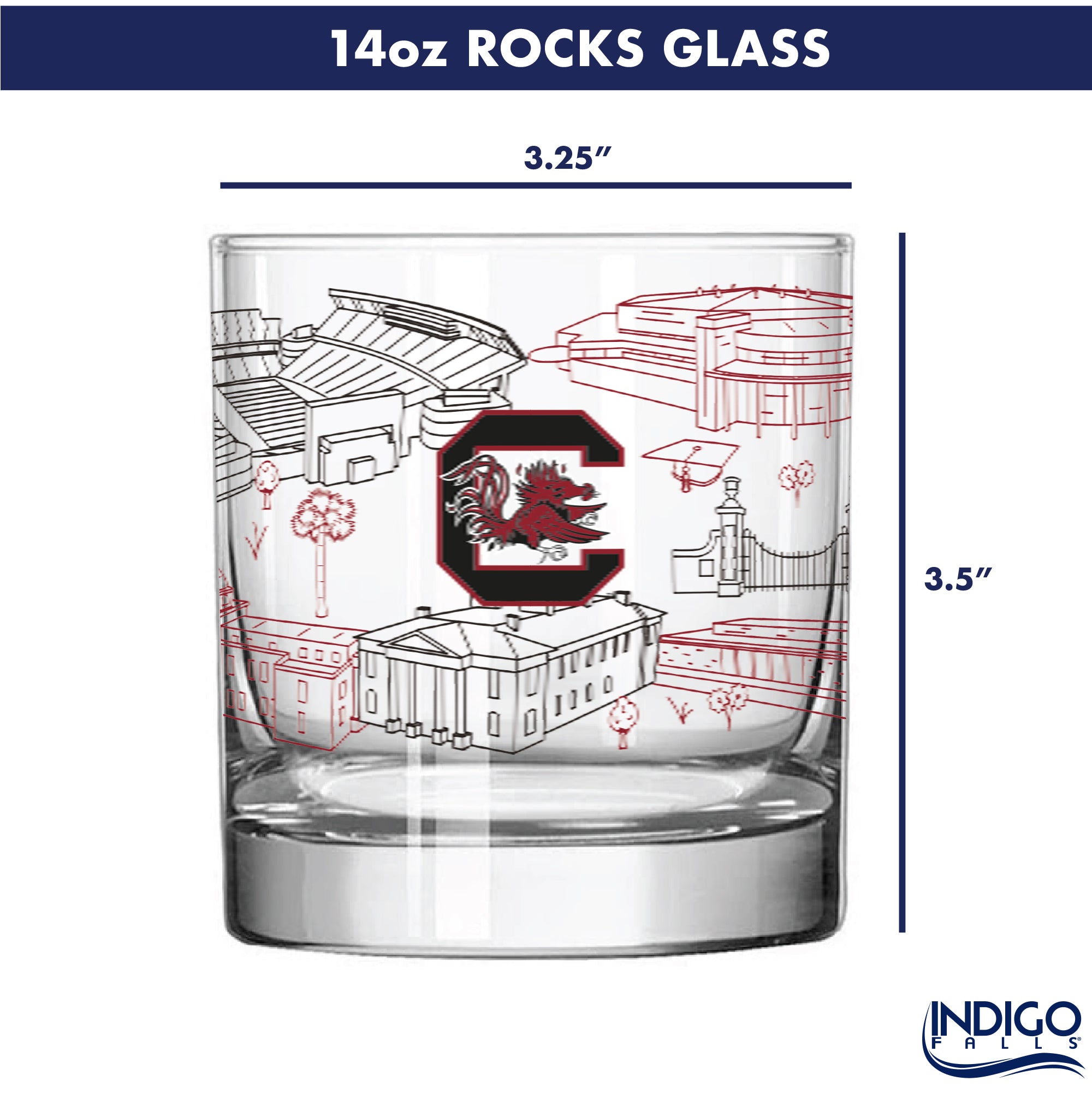 Set of 2 South Carolina Gamecocks Campus Line Art 14oz Rocks Glasses