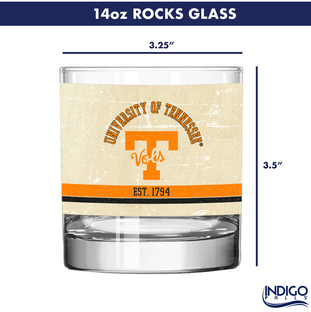 Tennessee Volunteers Set of 2 College Vault Tan Retro 14oz Rocks Glasses