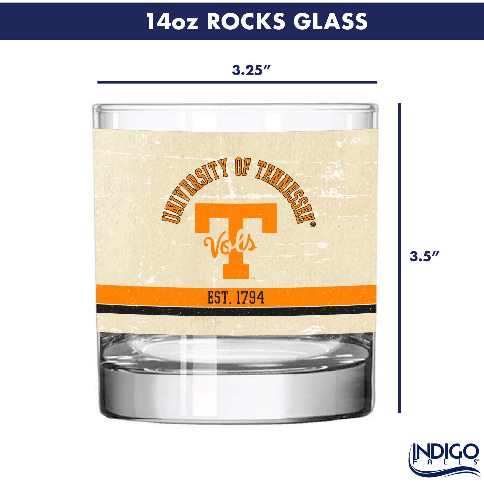Tennessee Volunteers Set of 2 College Vault Tan Retro 14oz Rocks Glasses