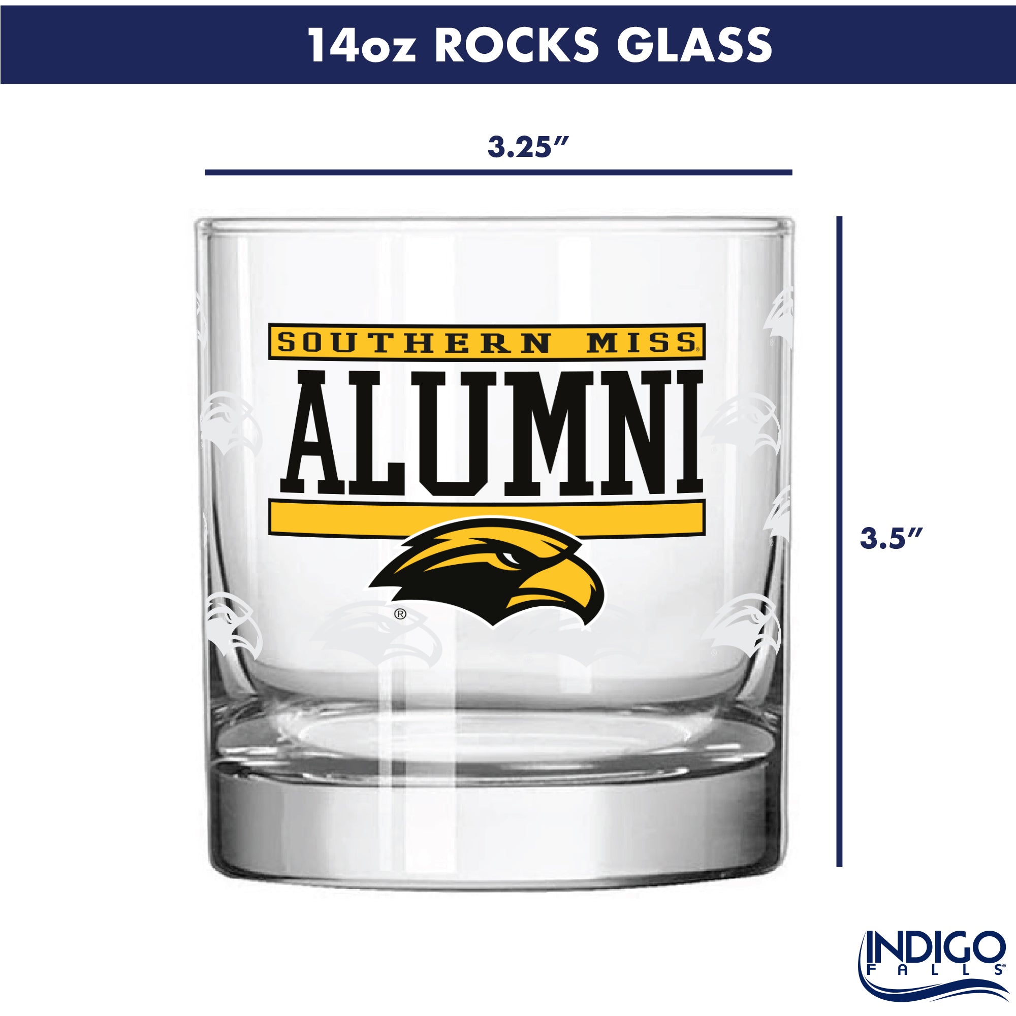 Set of 2 Southern Miss Golden Eagles 14oz XD Alumni Rocks Glasses