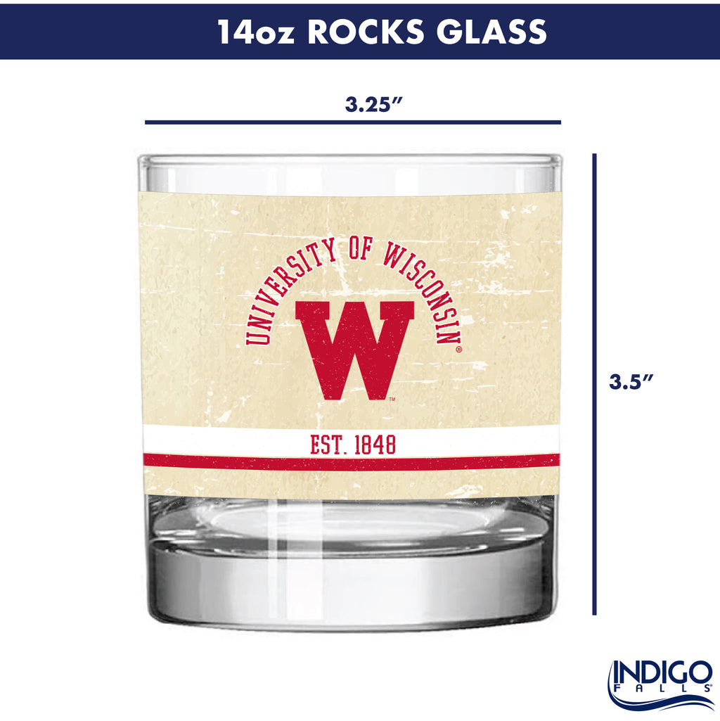Set of 4 Wisconsin Badgers College Vault Tan Retro 14oz Rocks Glasses