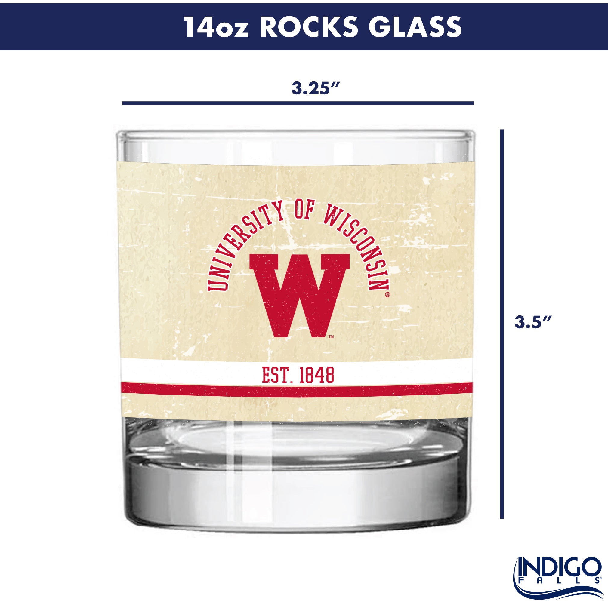 Wisconsin Badgers Set of 2 College Vault Tan Retro 14oz Rocks Glasses