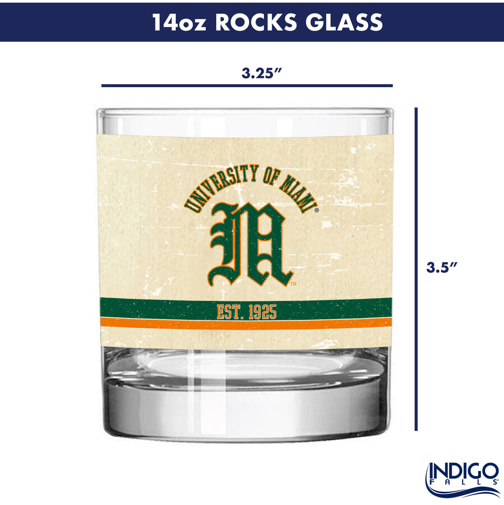 Miami Hurricanes Set of 2 College Vault Tan Retro 14oz Rocks Glasses