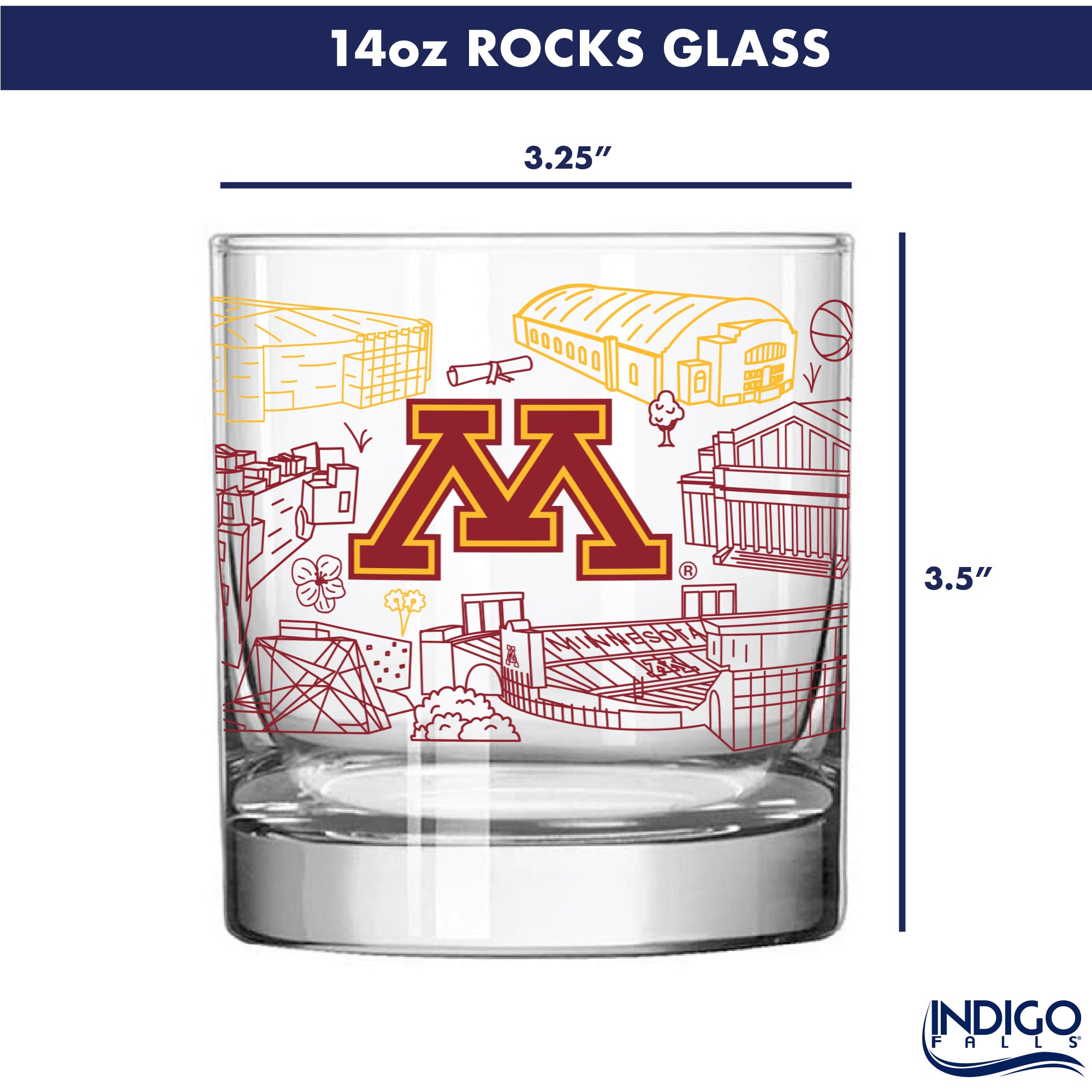 Set of 2 Minnesota Golden Gophers Campus Line Art 14oz Rocks Glasses