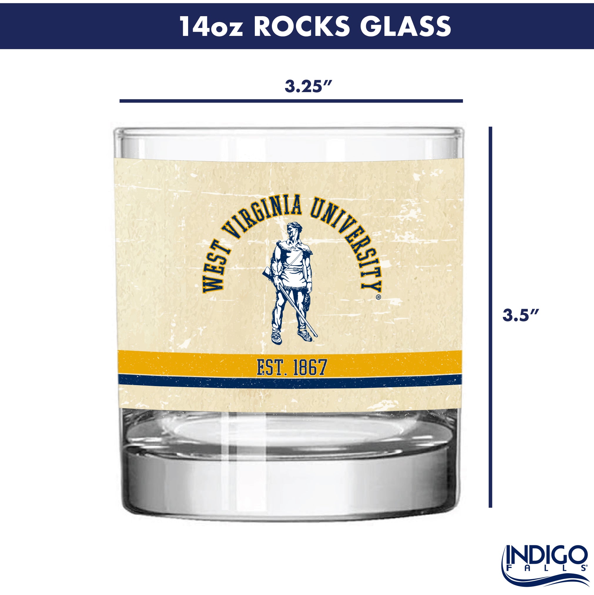 West Virginia Mountaineers Set of 2 College Vault Tan Retro 14oz Rocks Glasses