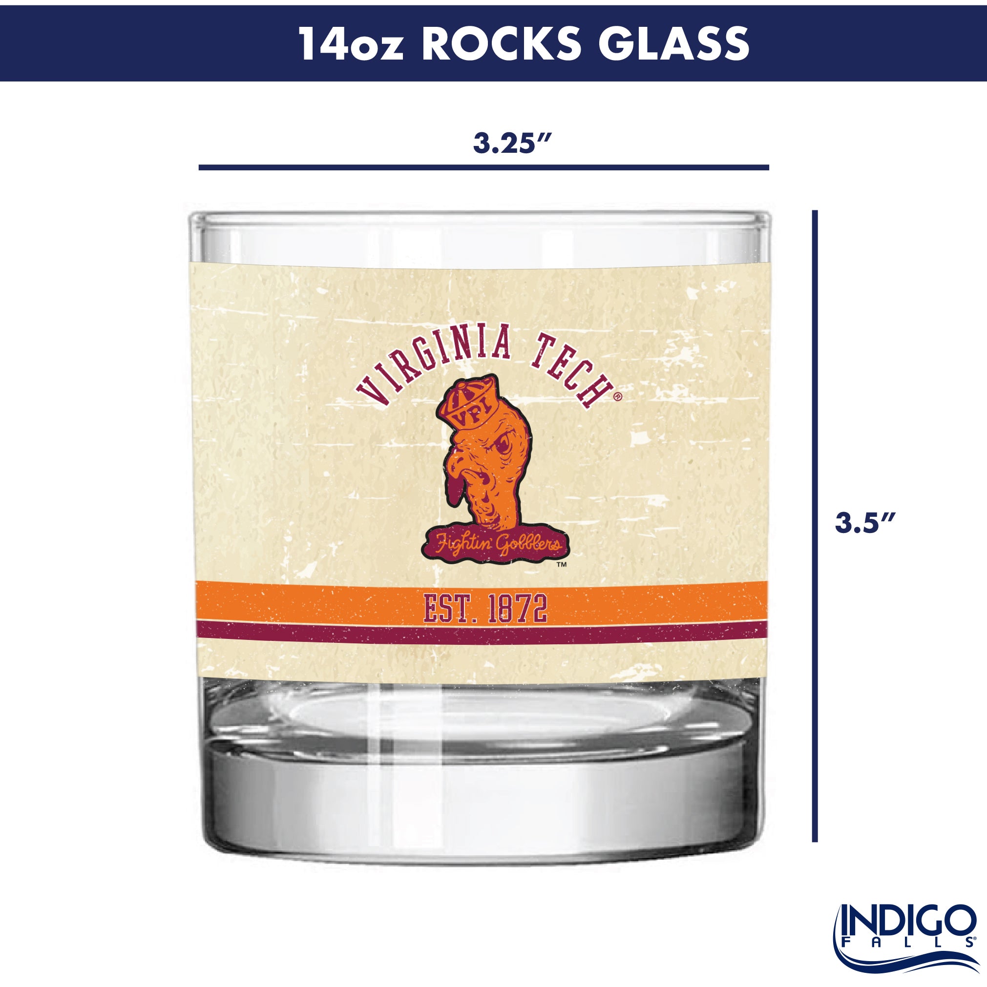 Virginia Tech Hokies Set of 2 College Vault Tan Retro 14oz Rocks Glasses