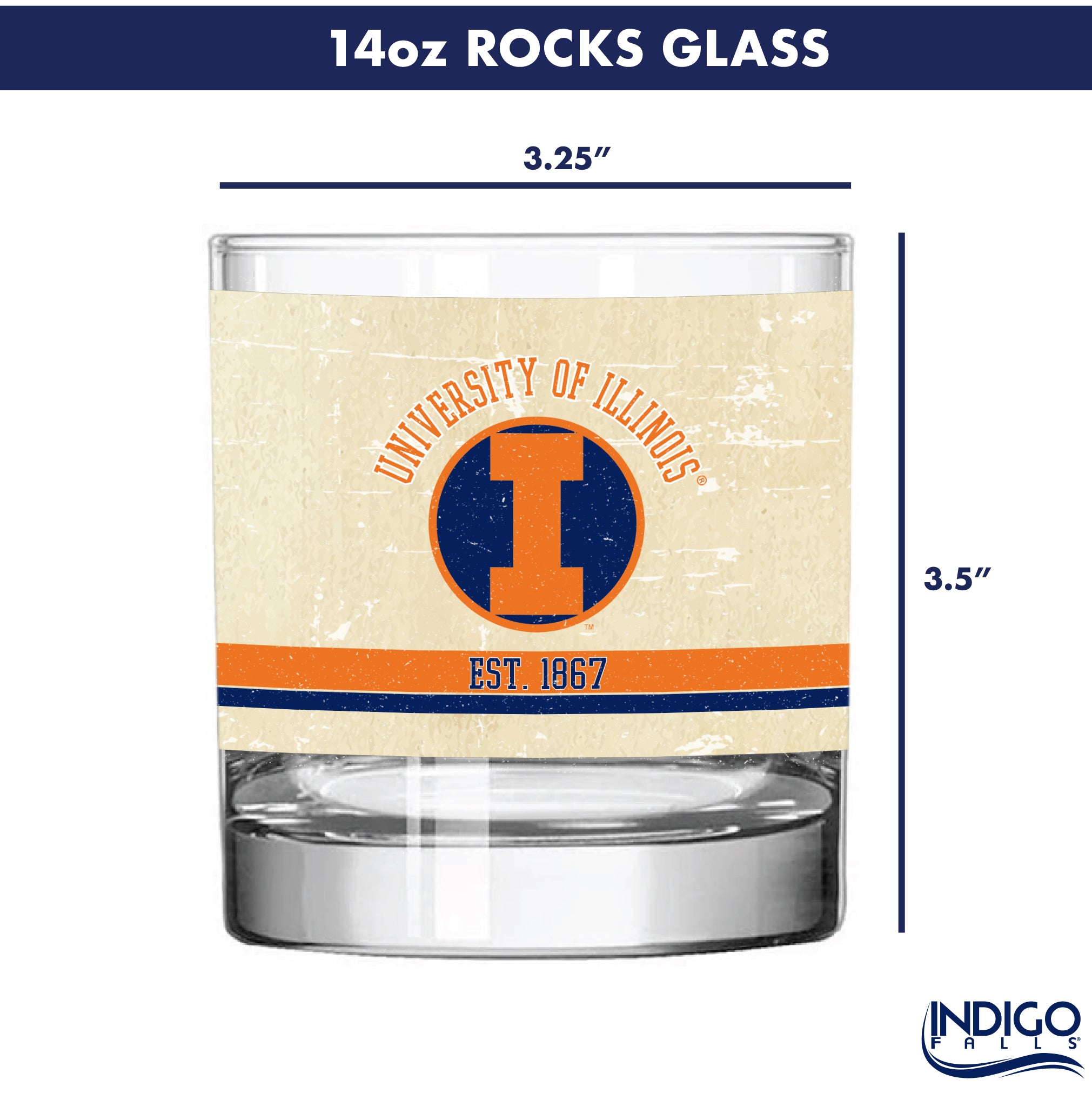 Illinois Fighting Illini Set of 2 College Vault Tan Retro 14oz Rocks Glasses