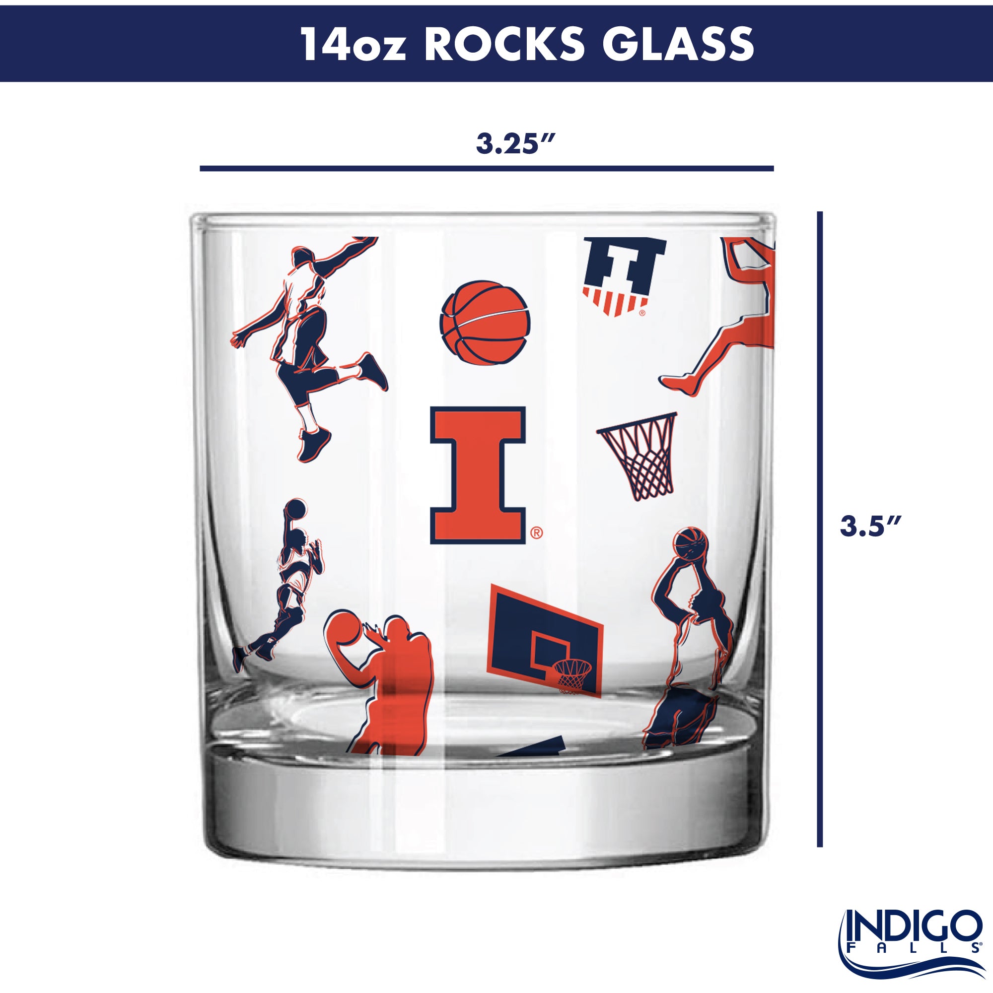 Set of 2 Illinois Fighting Illini Basketball Sketch 14oz Rocks Glasses