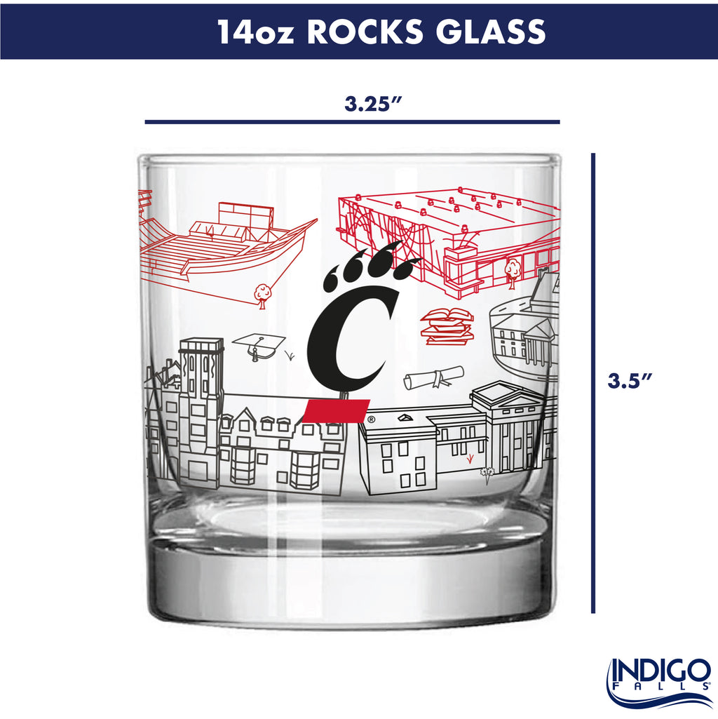 Set of 2 Cincinnati Bearcats Campus Line Art 14oz Rocks Glasses