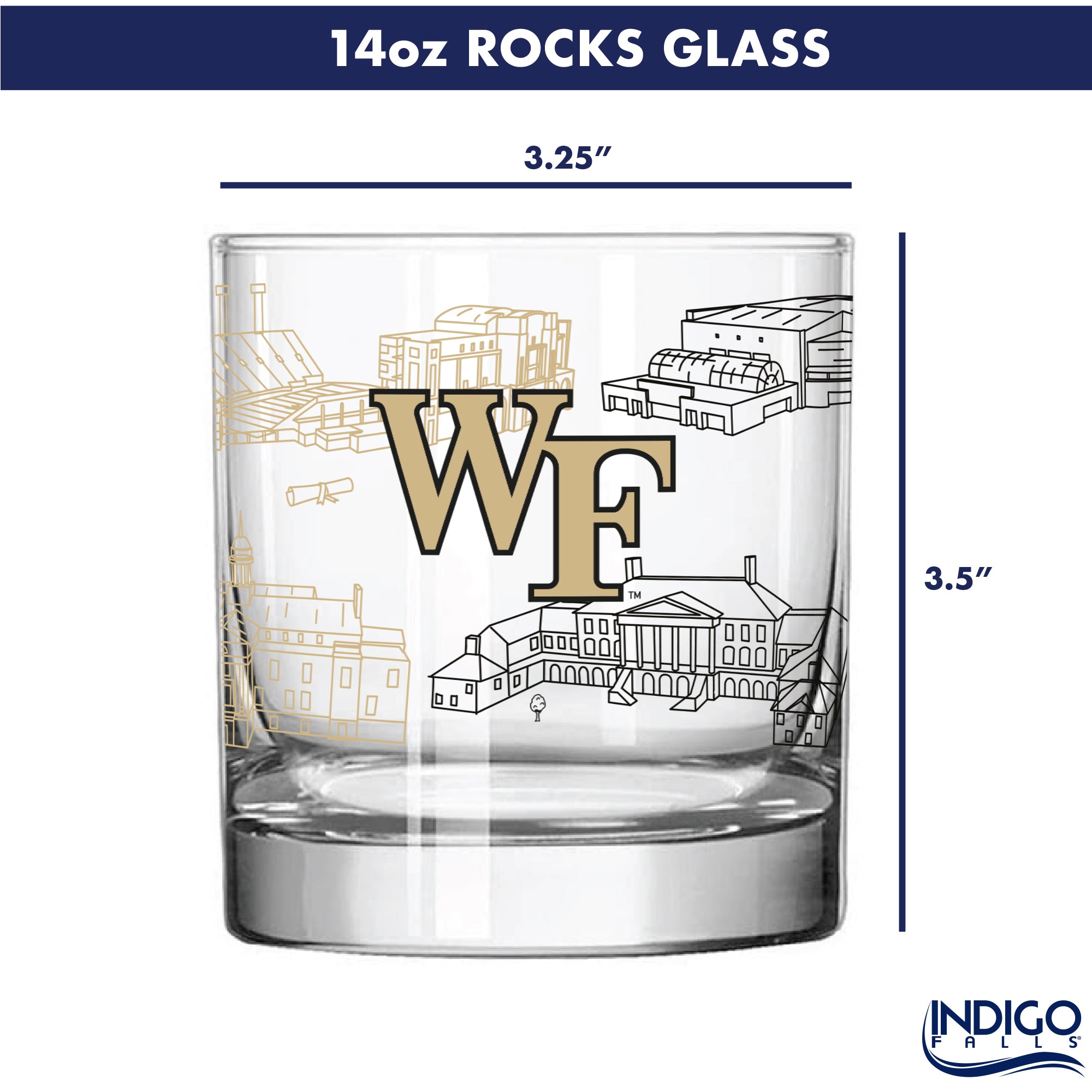 Set of 2 Wake Forest Demon Deacons Campus Line Art 14oz Rocks Glasses