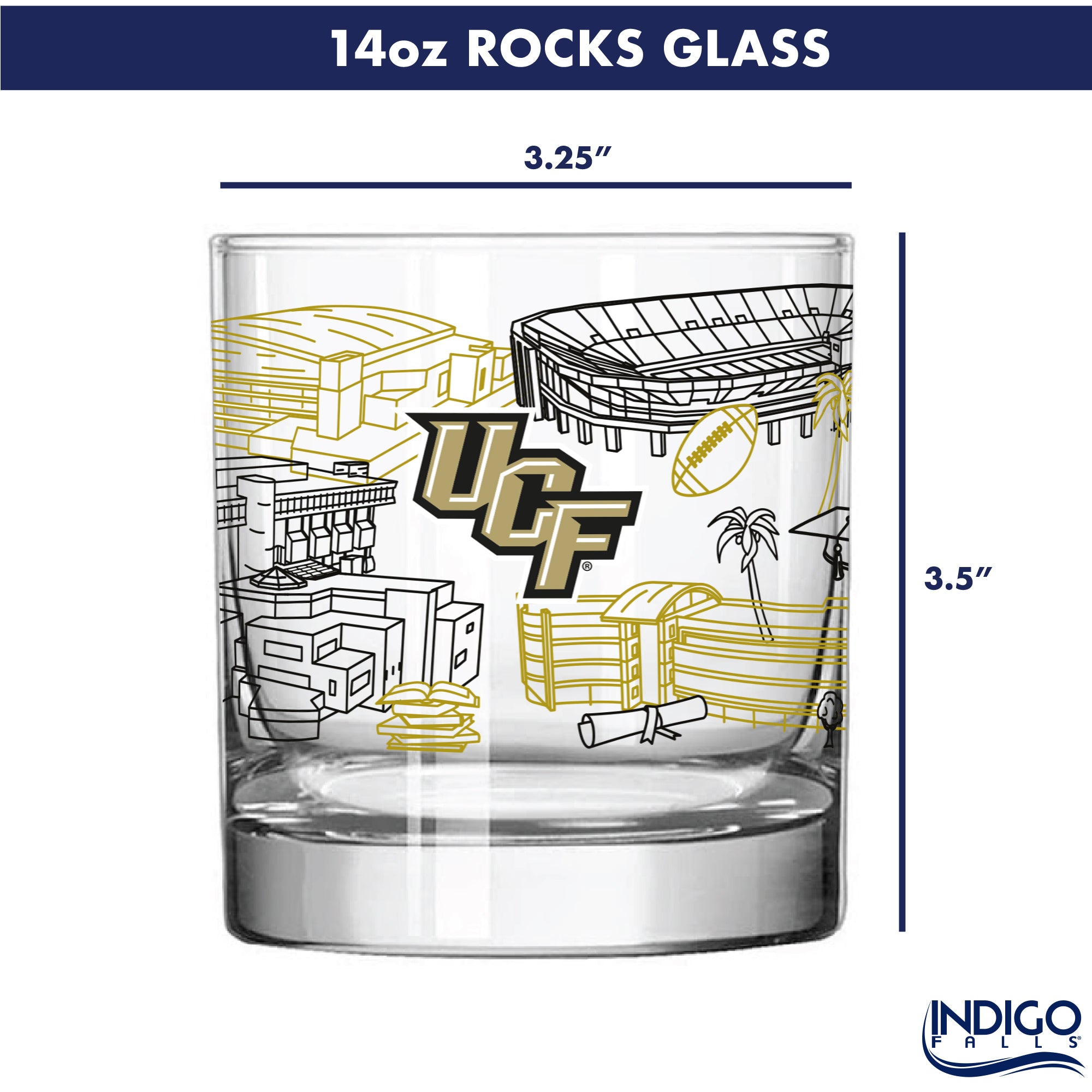 Set of 2 UCF Knights Campus Line Art 14oz Rocks Glasses