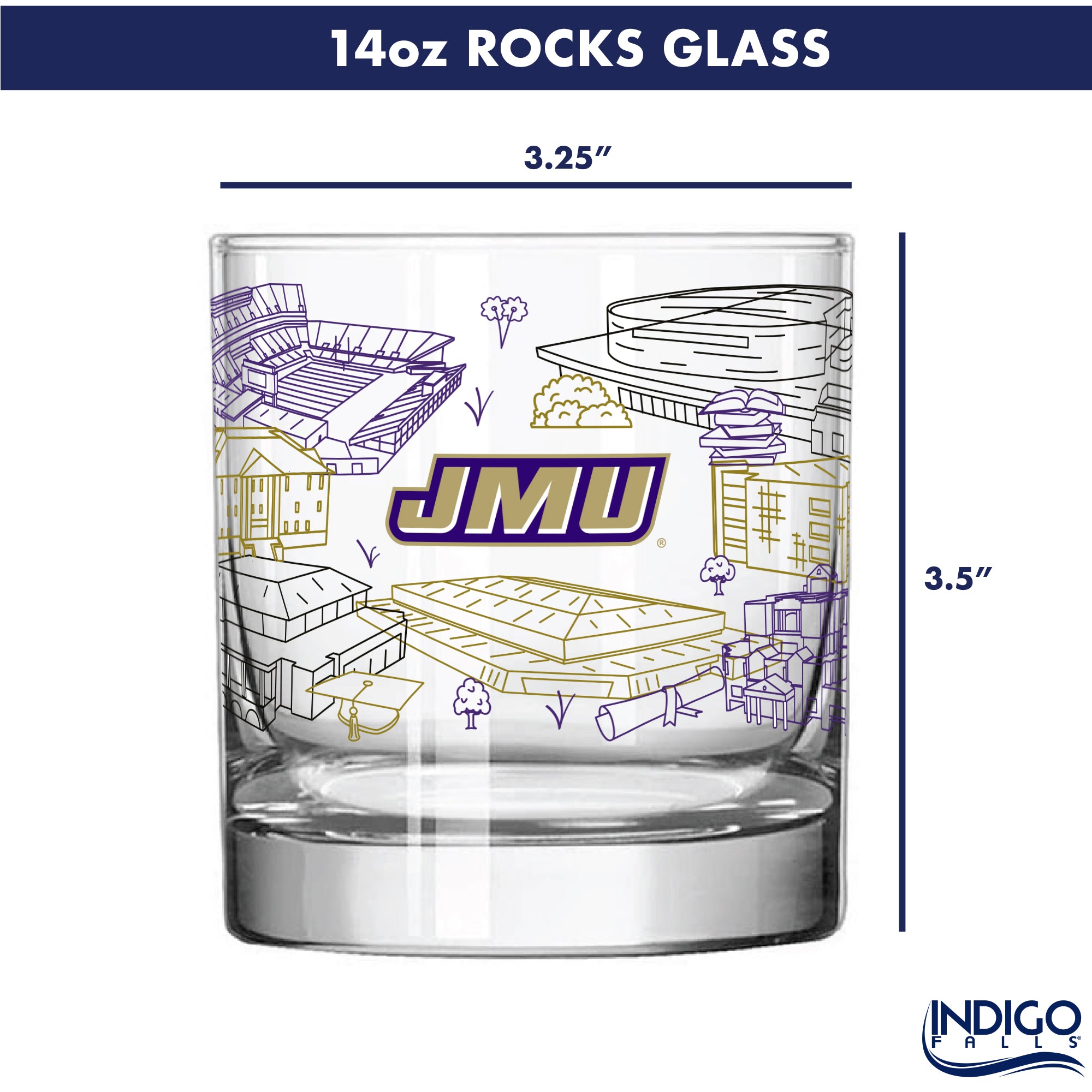 Set of 2 James Madison Dukes Campus Line Art 14oz Rocks Glasses
