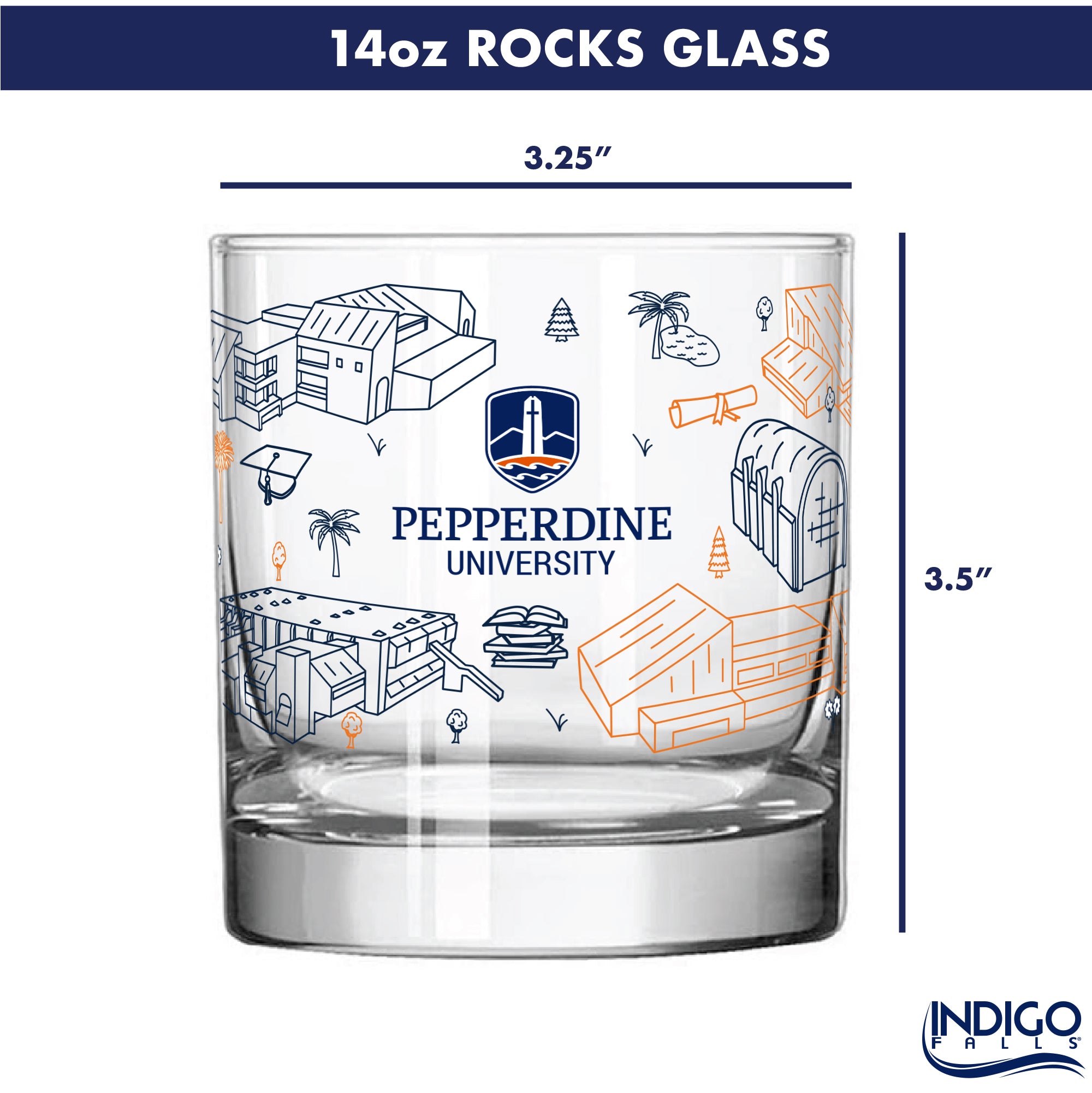 Set of 2 Pepperdine Waves Campus Line Art 14oz Rocks Glasses