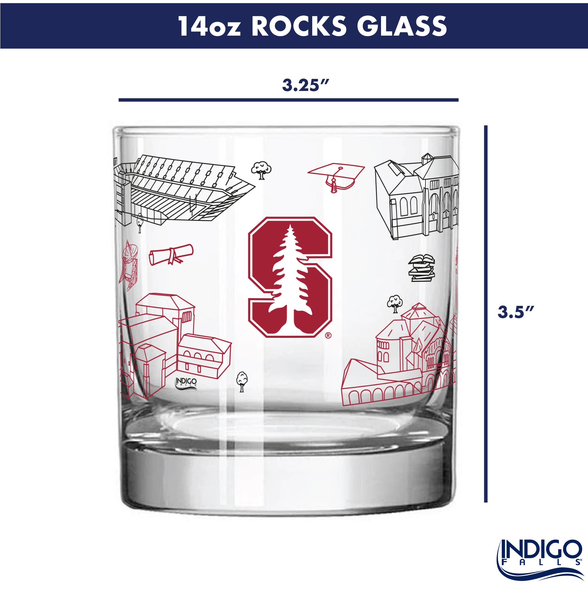 Set of 2 Stanford Cardinal Campus Line Art 14oz Rocks Glasses