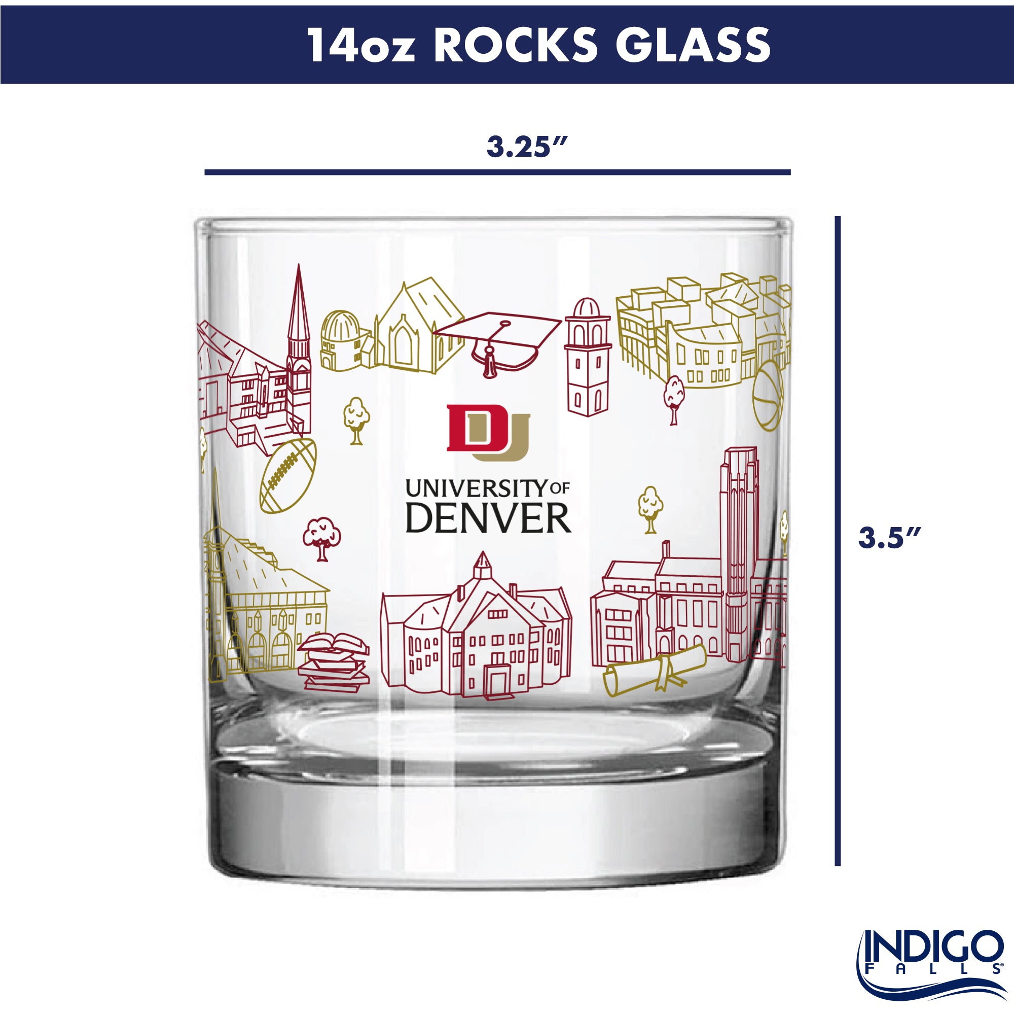 Set of 2 Denver Pioneers Campus Line Art 14oz Rocks Glasses