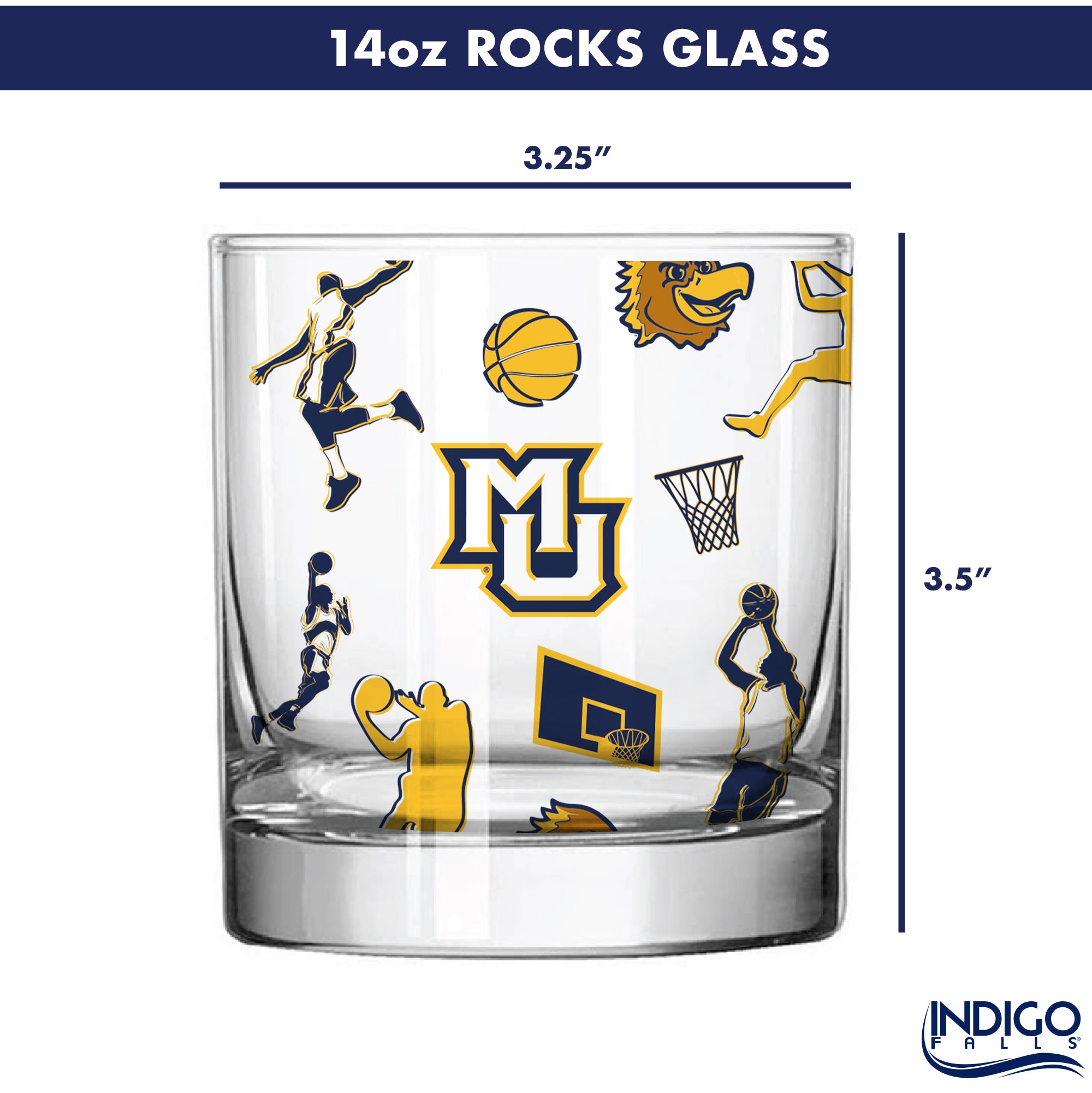 Set of 2 Marquette Golden Eagles Basketball Sketch 14oz Rocks Glasses
