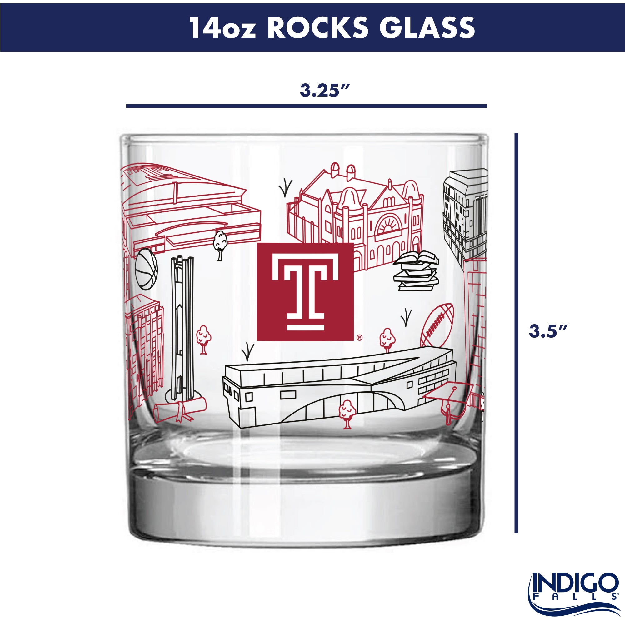 Set of 2 Temple Owls Campus Line Art 14oz Rocks Glasses