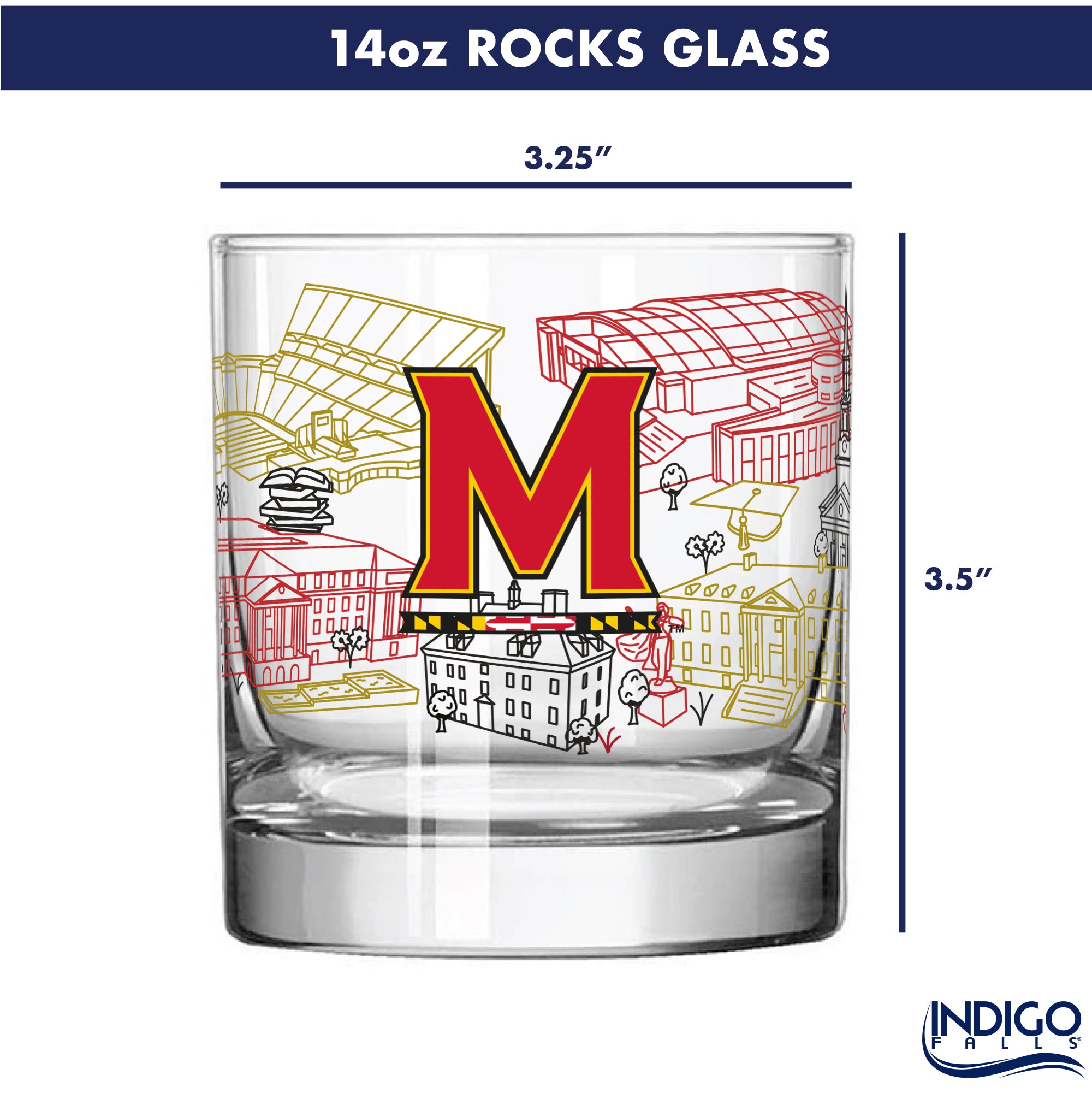 Set of 2 Maryland Terrapins Campus Line Art 14oz Rocks Glasses
