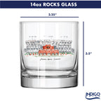 14oz rocks glass with stadium illustration and dimensions, featuring the Indigo Falls brand.