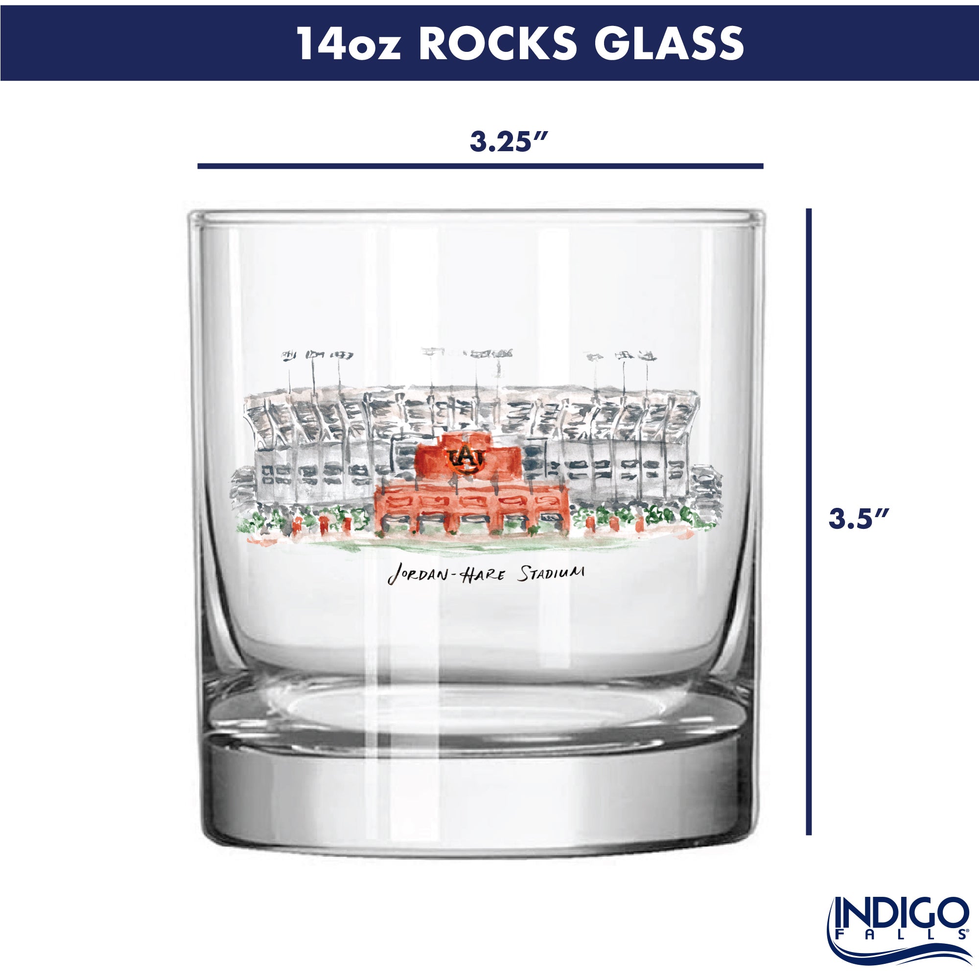 14oz rocks glass with stadium illustration and dimensions, featuring the Indigo Falls brand.