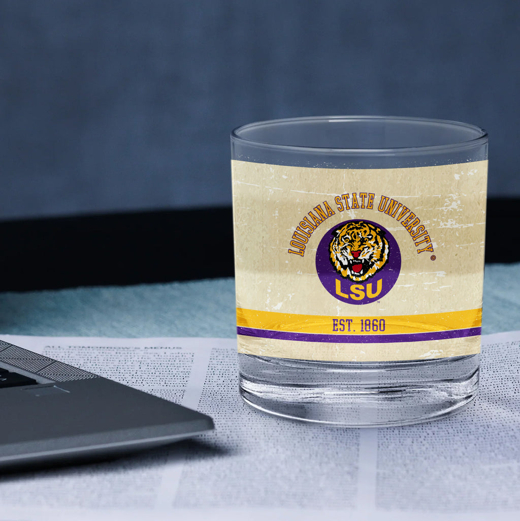 LSU Set of 2 College Vault Tan Retro 14oz Rocks Glasses