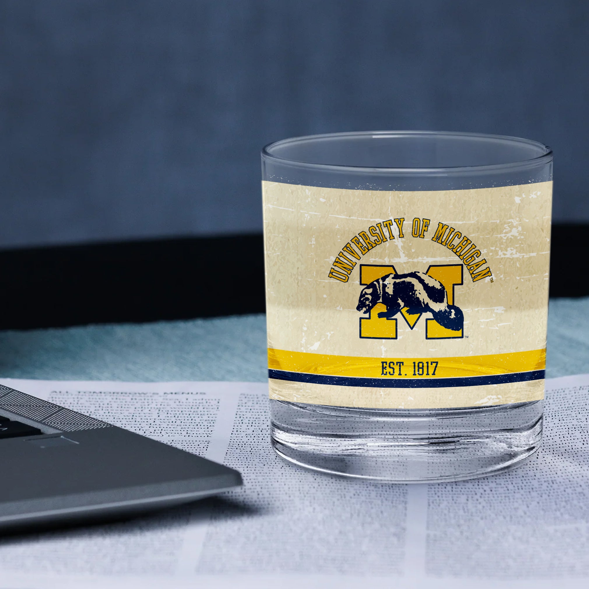 Michigan Wolverines Set of 2 College Vault Tan Retro 14oz Rocks Glasses
