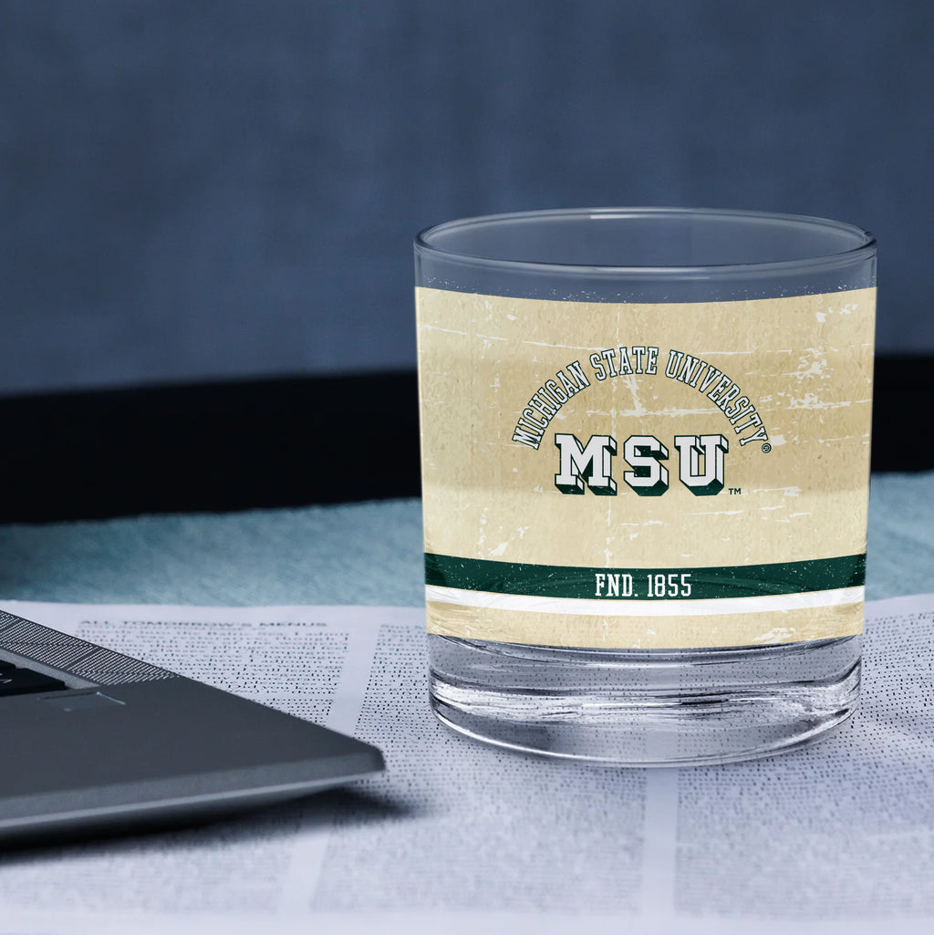 Michigan State Spartans Set of 2 College Vault Tan Retro 14oz Rocks Glasses
